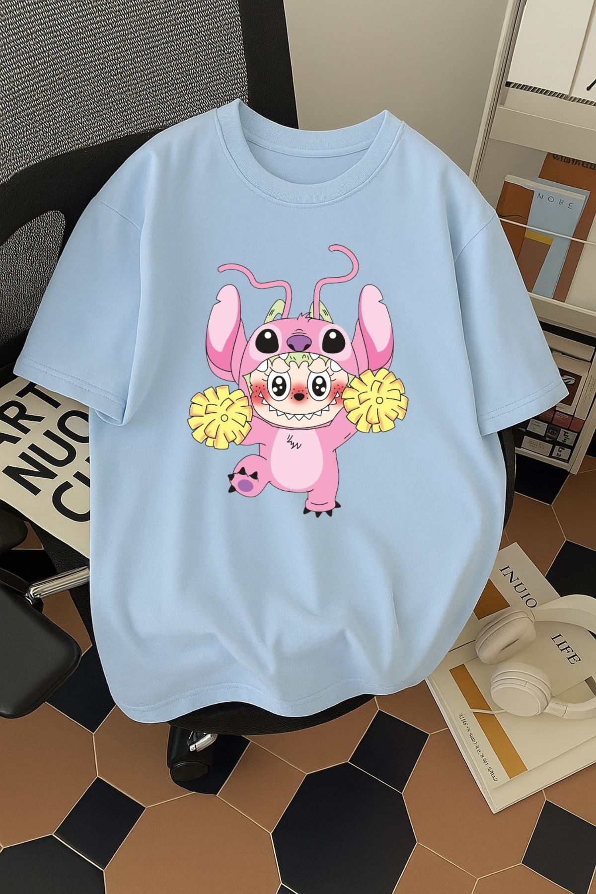 SOHR Unisex Erkek/Kadın Angel Labubu Renkli Baskılı Oversize Pamuklu T-Shirt