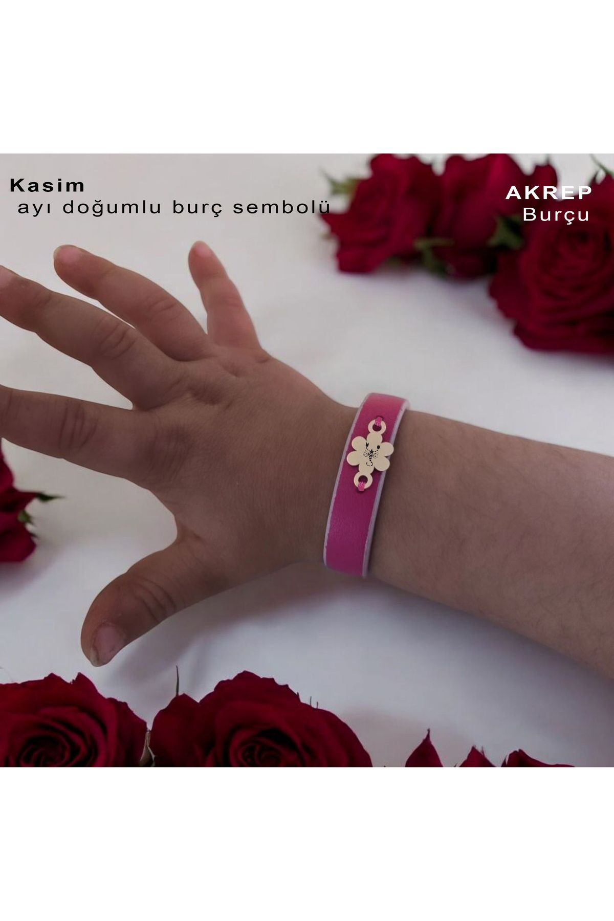 ARCHINO GOLD Akrep Burçları İçin 14 Ayar Altın Plakalı Doğal Pembe Derili Çiçek Motifli Hediye Bileklik-383burç