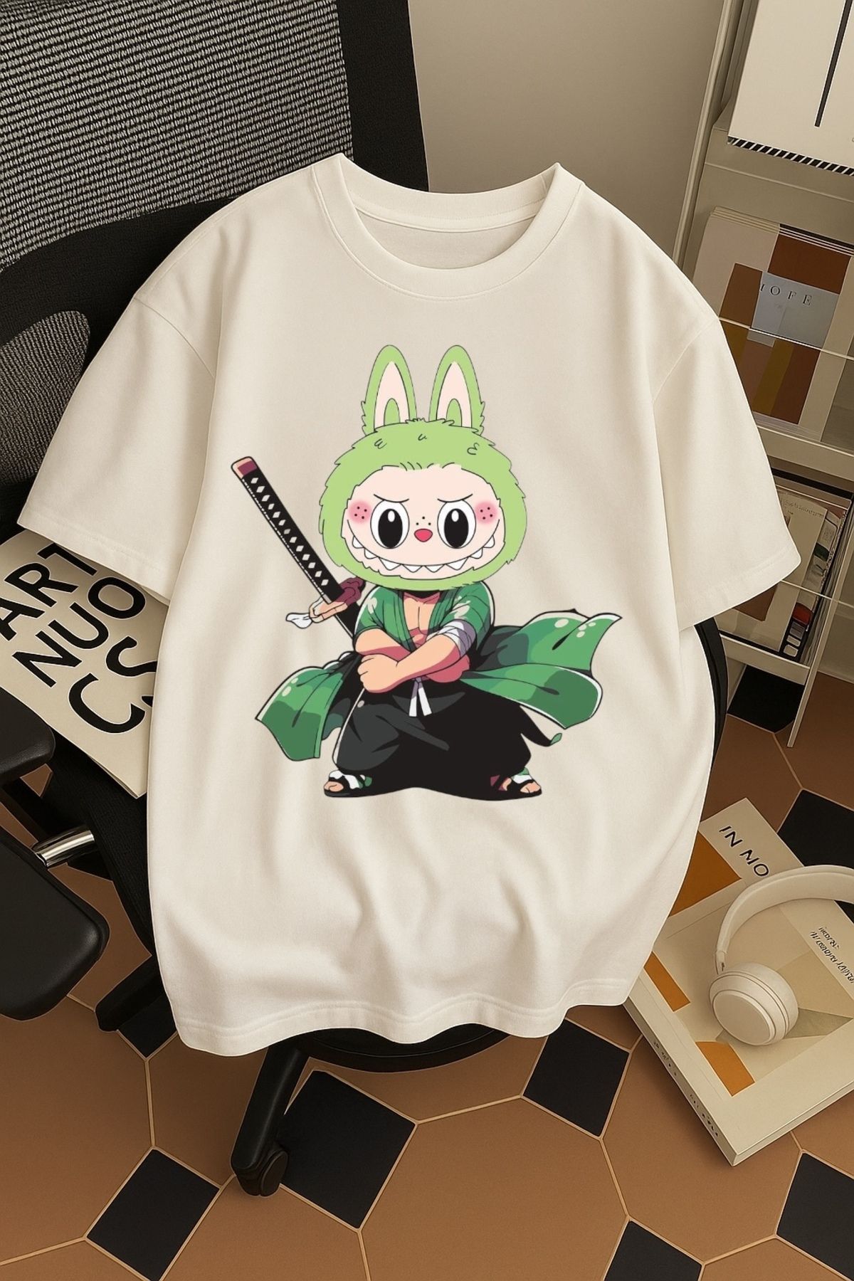 SOHR Unisex Erkek/Kadın Zoro Labubu Renkli Baskılı Oversize Pamuklu T-Shirt