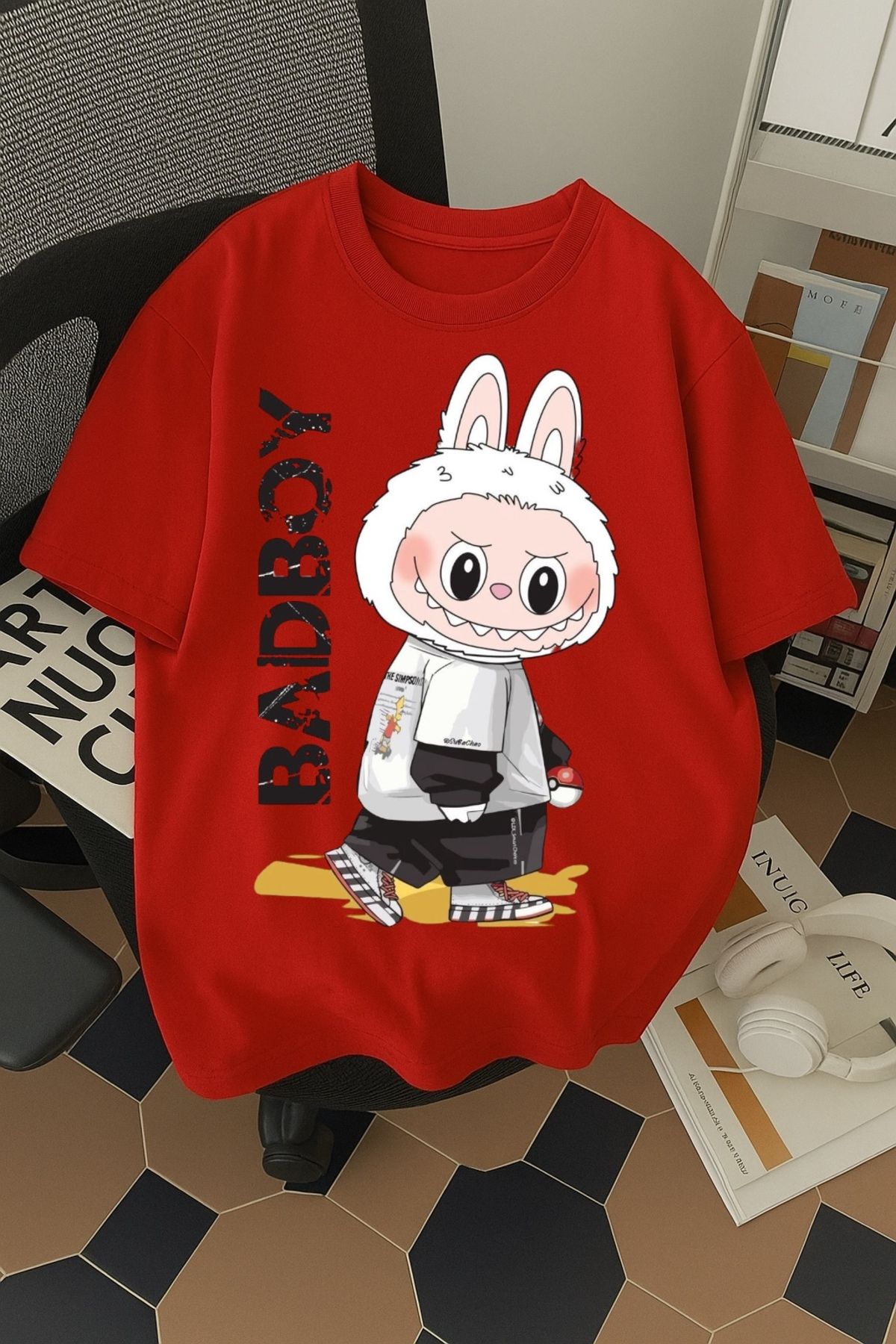 SOHR Unisex Erkek/Kadın Labubu BadBoy Renkli Baskılı Oversize Pamuklu T-Shirt