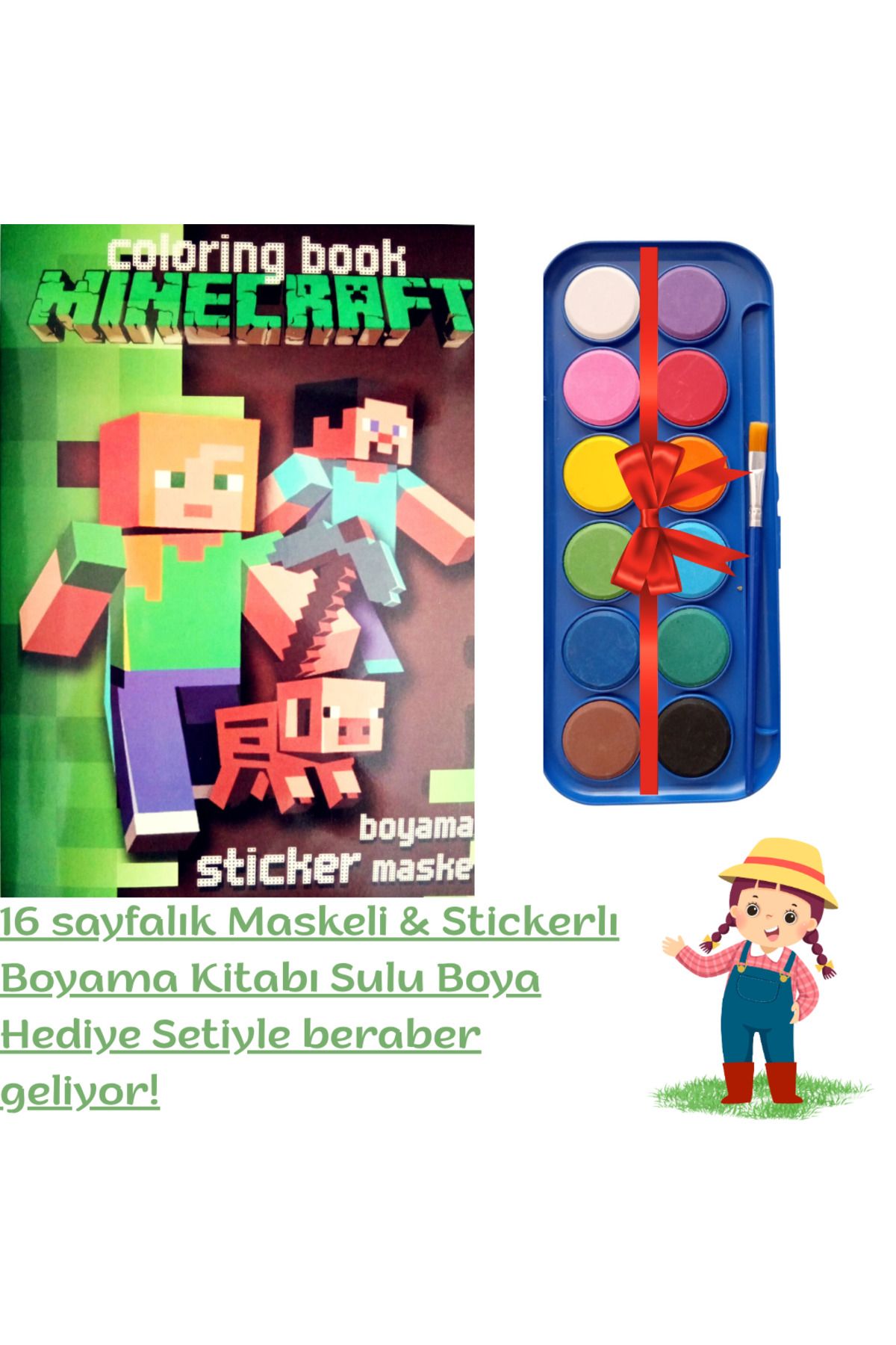 booddie Mınecraft Boyama Kitabı Stickerlı (arka Kapak Kesilerek Maskeli ) 12'li Sulu Boya Seti