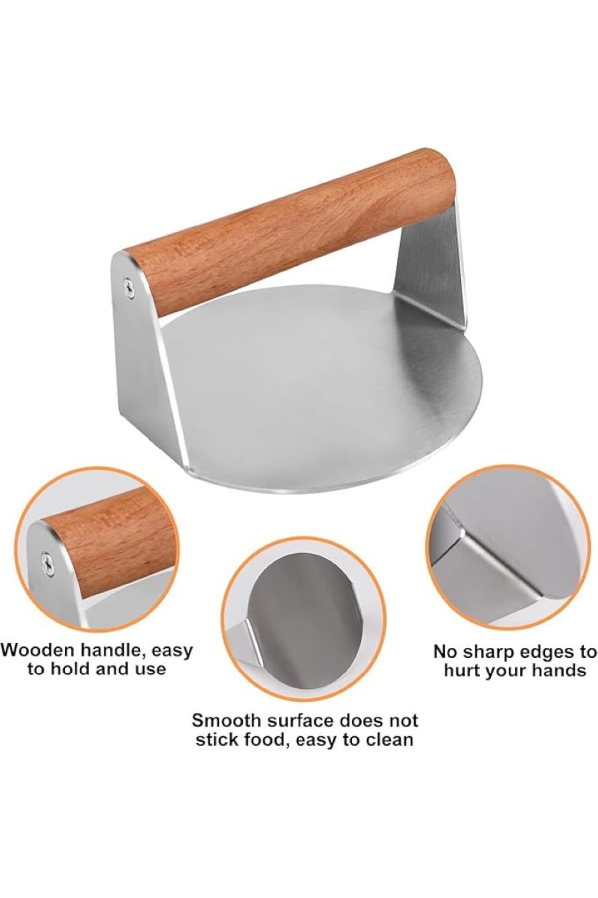 DEVMEER Yuvarlak Smash Burger Presi,16 CM ,3 MM 304 Paslanmaz Çelik Burger Presi, Ahşap Saplı