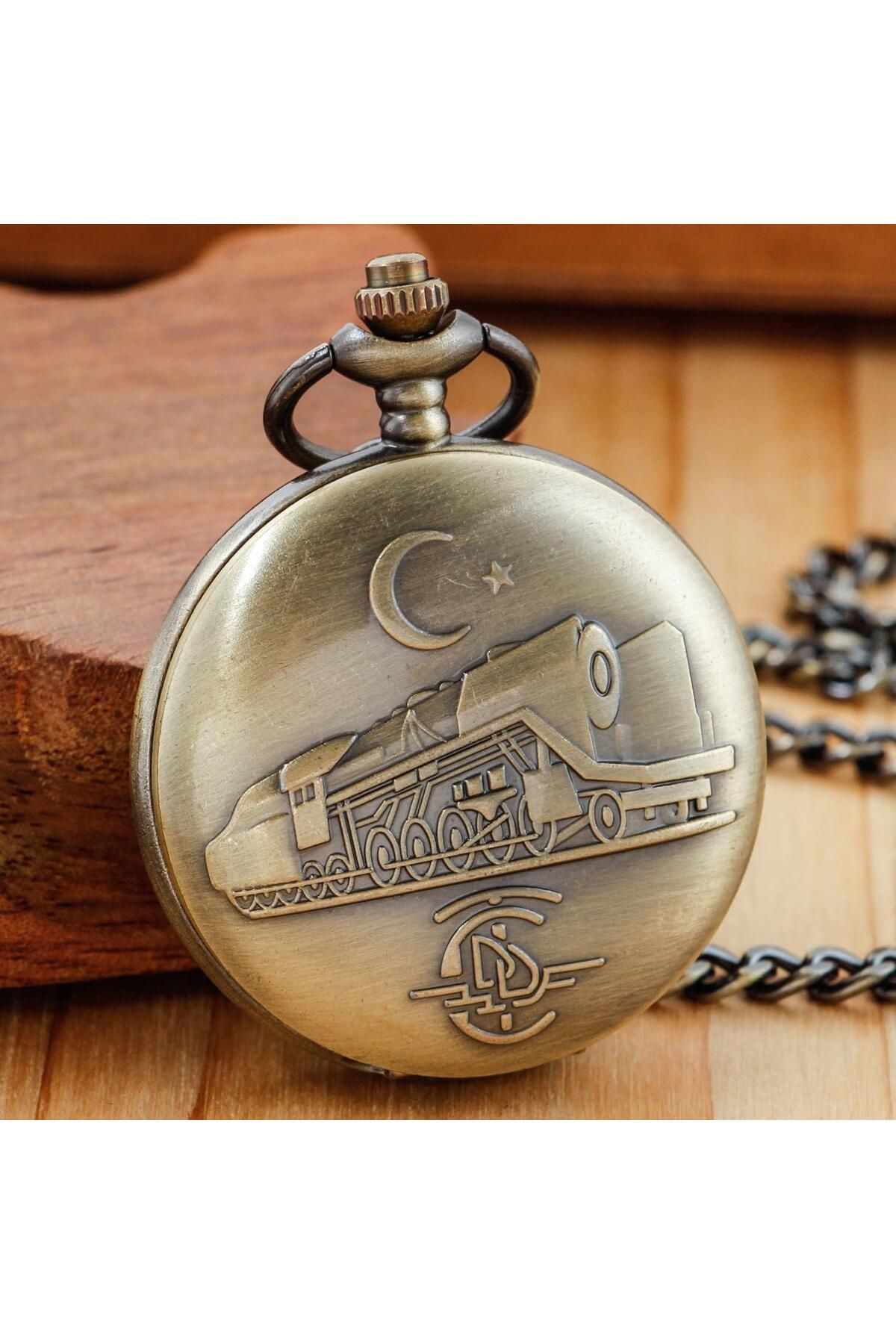 valkyrie TCDD Nostalji Tren ve Ay Yıldız Kabartmalı Retro Bronz Koleksiyonluk Kutulu Zincirli Köstek