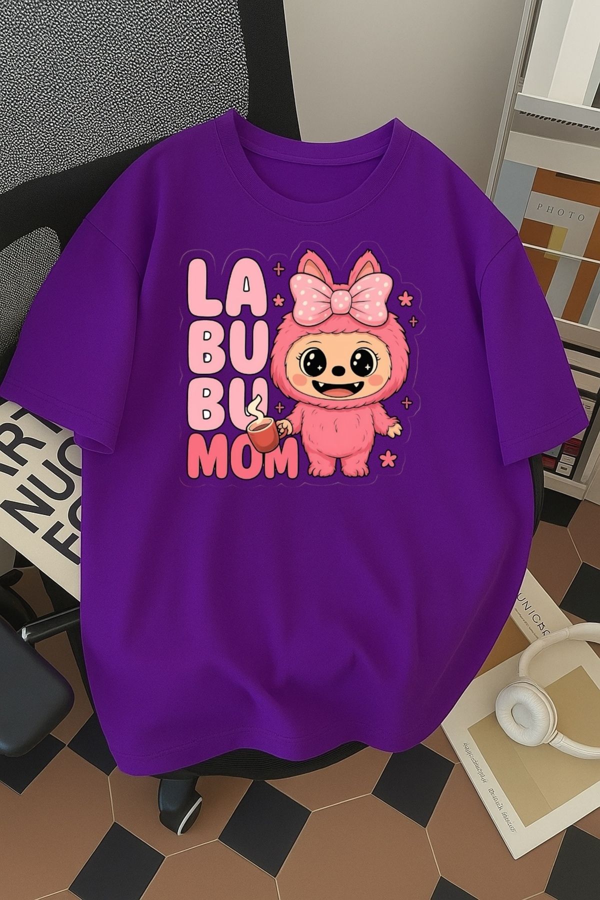 SOHR Unisex Erkek/Kadın Labubu Mom Renkli Baskılı Oversize Pamuklu T-Shirt