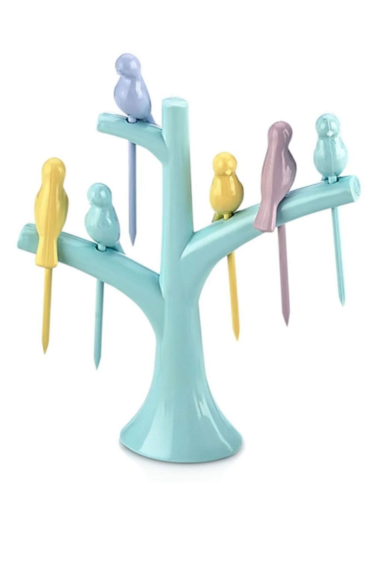 SİHİRLİ AYAKLAR 6 Parça Kokteyl Kanepe Mini Pasta için Kuş Figürlü Kürdanlık Seti Ağaç Stantlı BPA Free