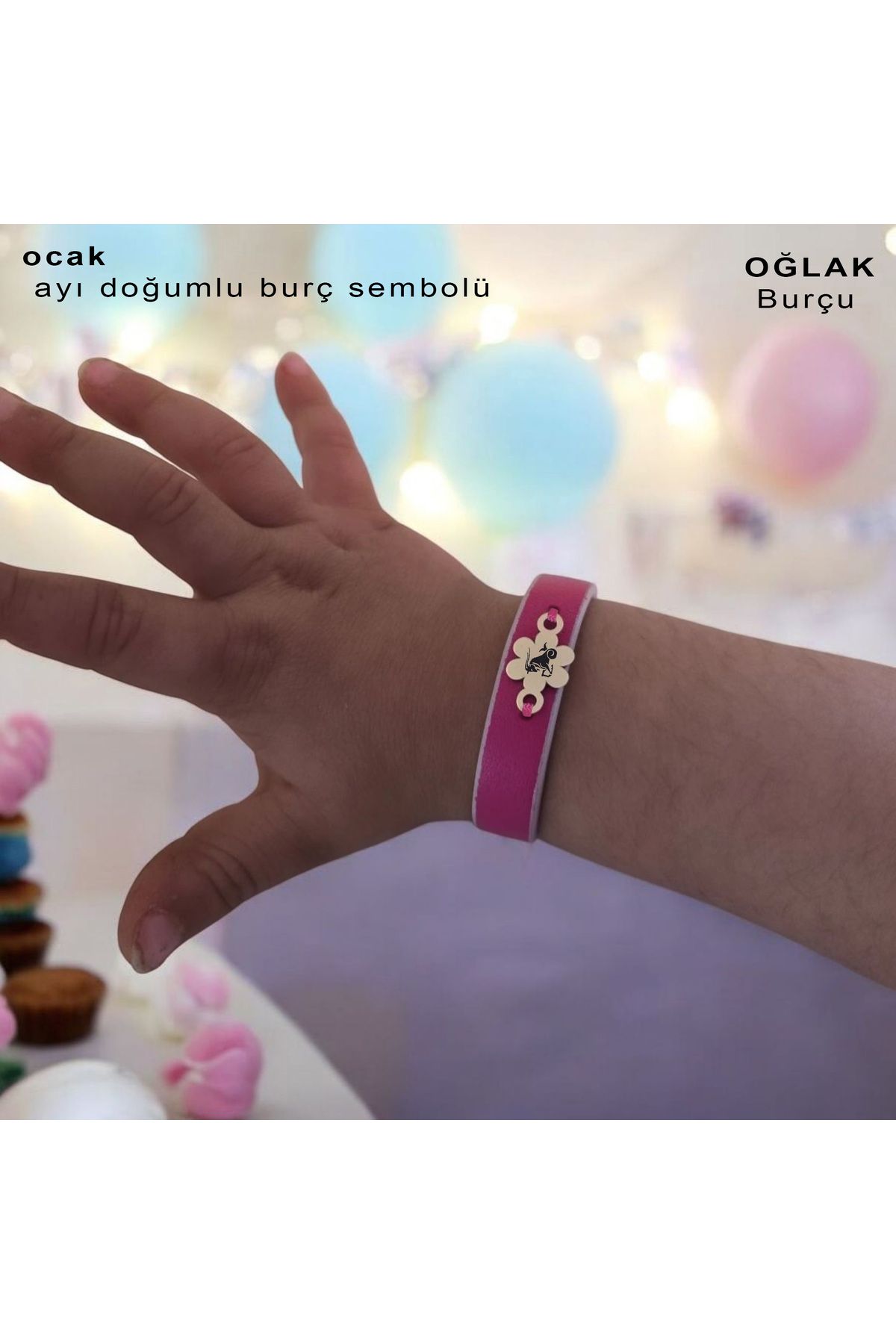 ARCHINO GOLD Oğlak Burçları İçin Çiçek Motifli 14 Ayar Altın Plakalı Doğal Pembe Derili Hediye Bileklik-383burç