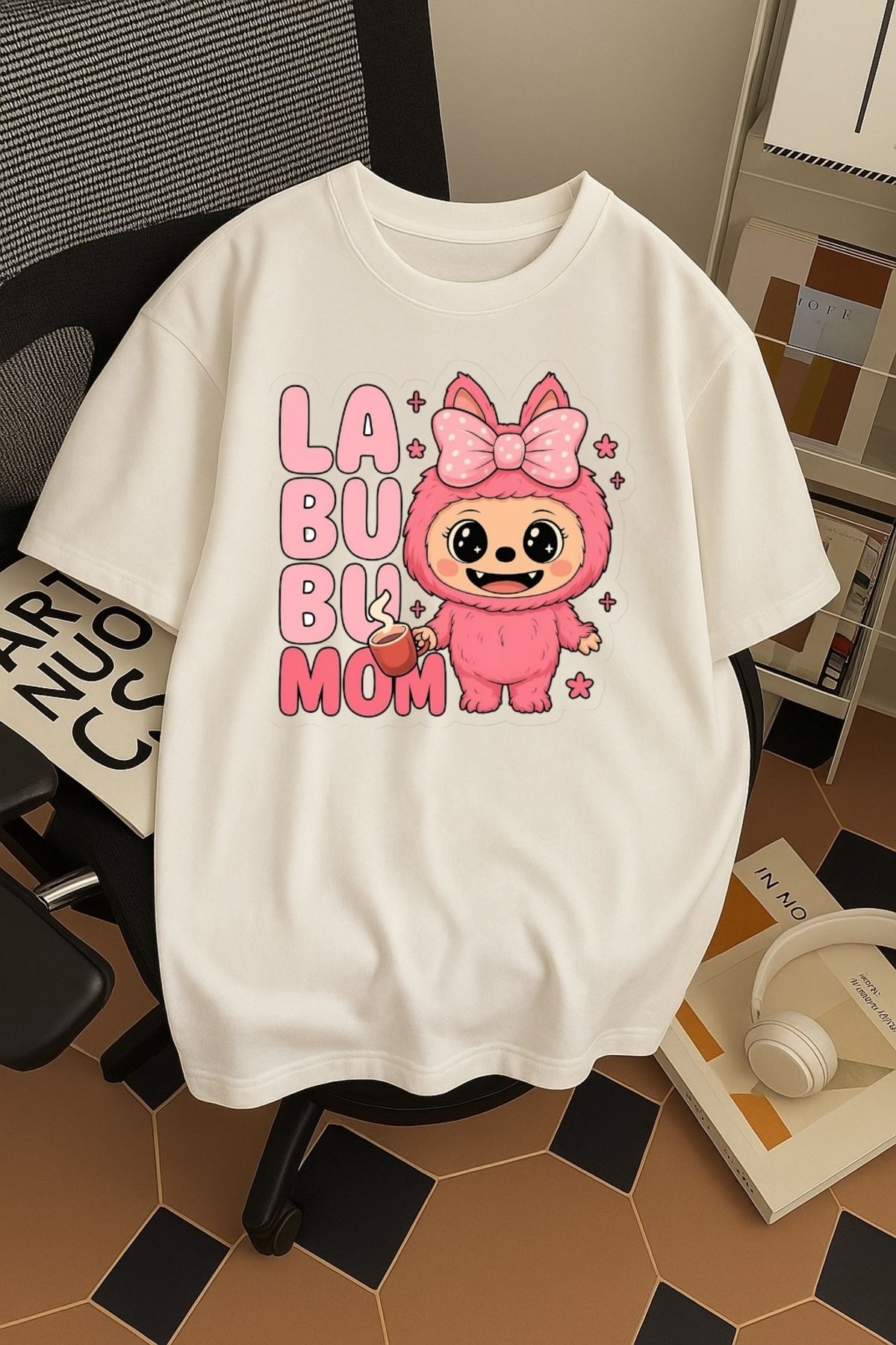 SOHR Unisex Erkek/Kadın Labubu Mom Renkli Baskılı Oversize Pamuklu T-Shirt