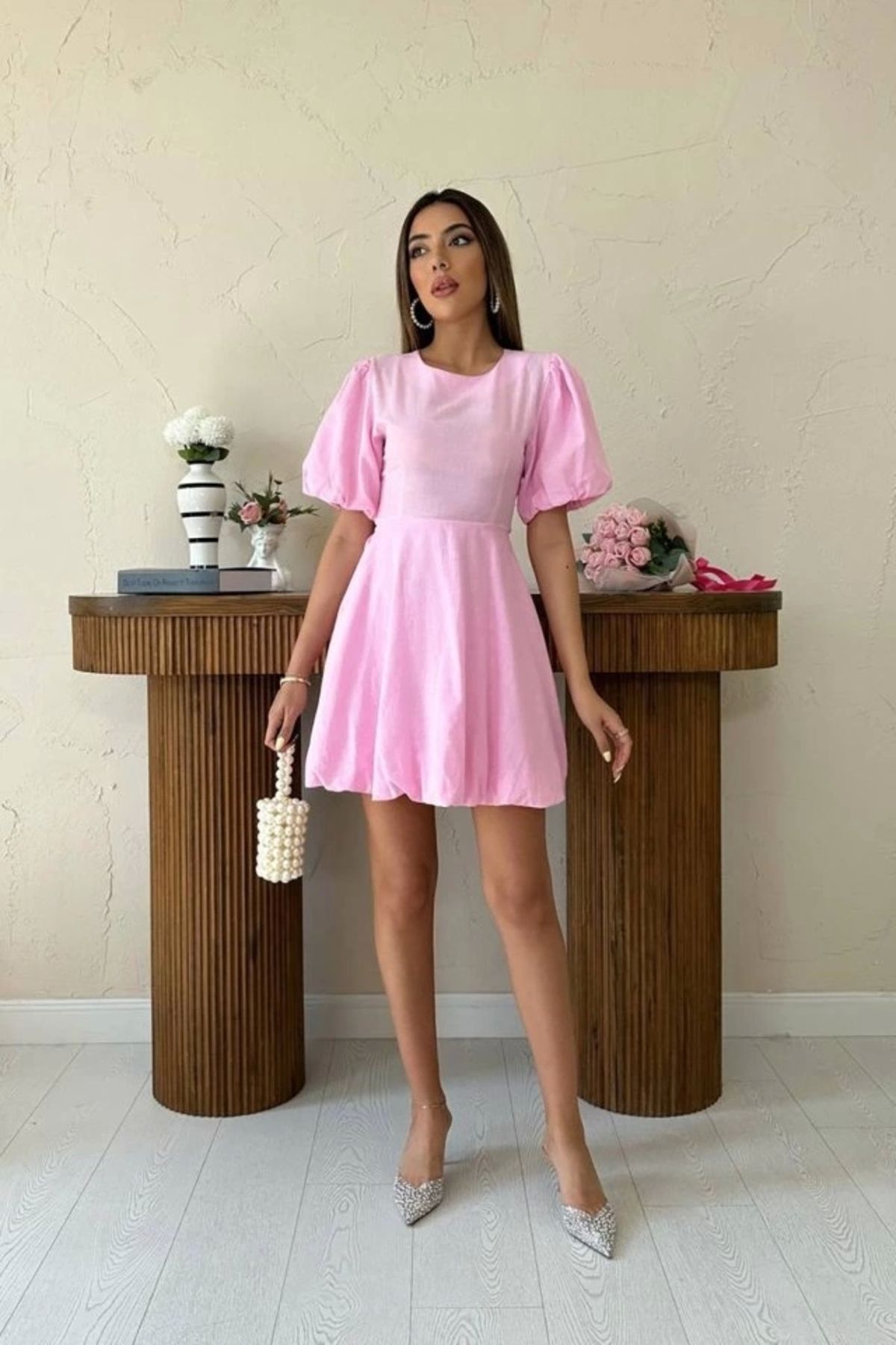 nedo7 Pembe Arkadan Bağlamalı Keten Elbise