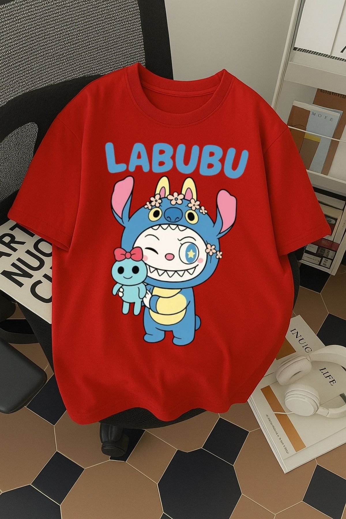 SOHR Unisex Erkek/Kadın Labubu Stitch Renkli Baskılı Oversize Pamuklu T-Shirt
