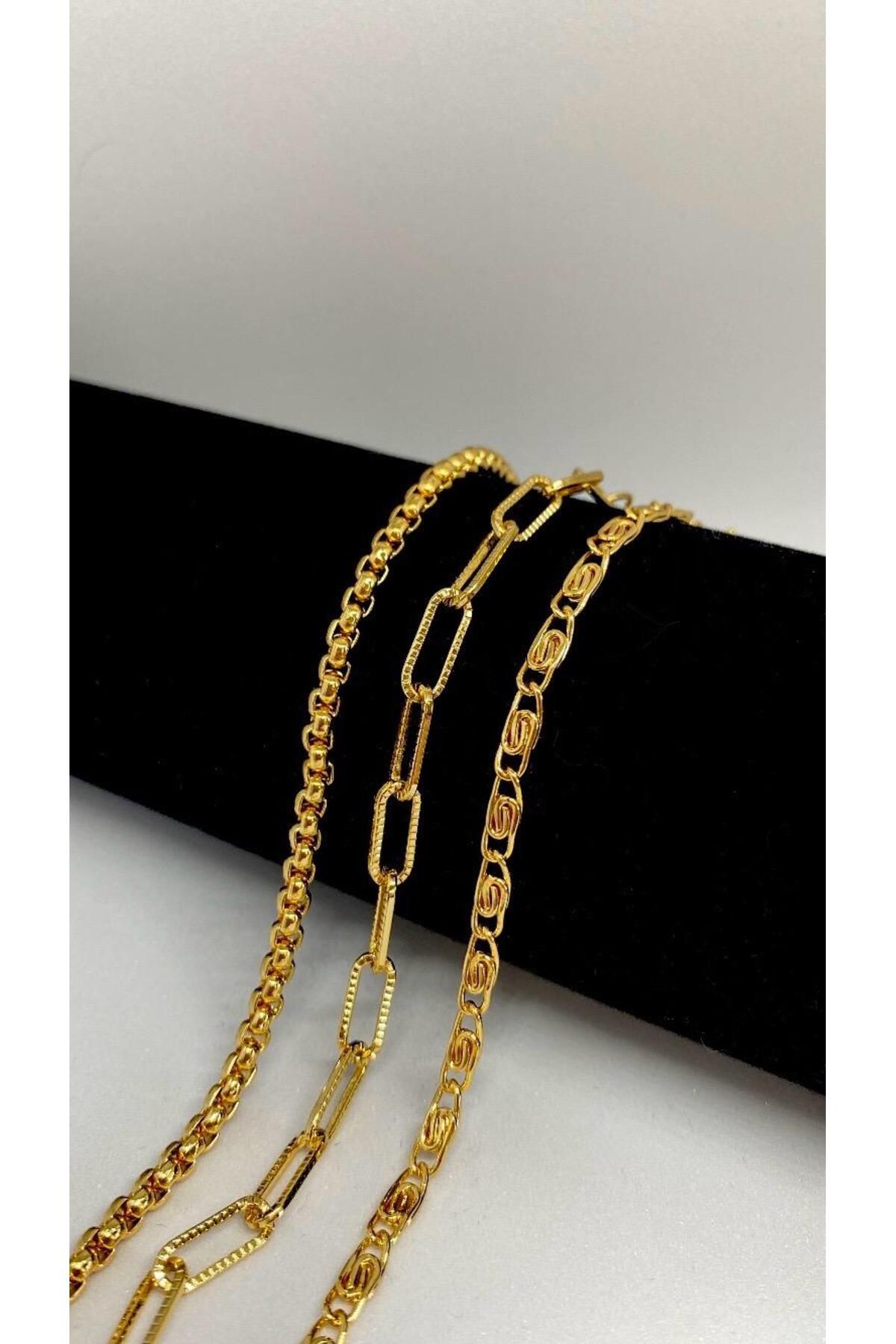 Axuu Collection 3 lü Gold Zincir Bileklik Seti Zincir Gold Bileklik Kombini