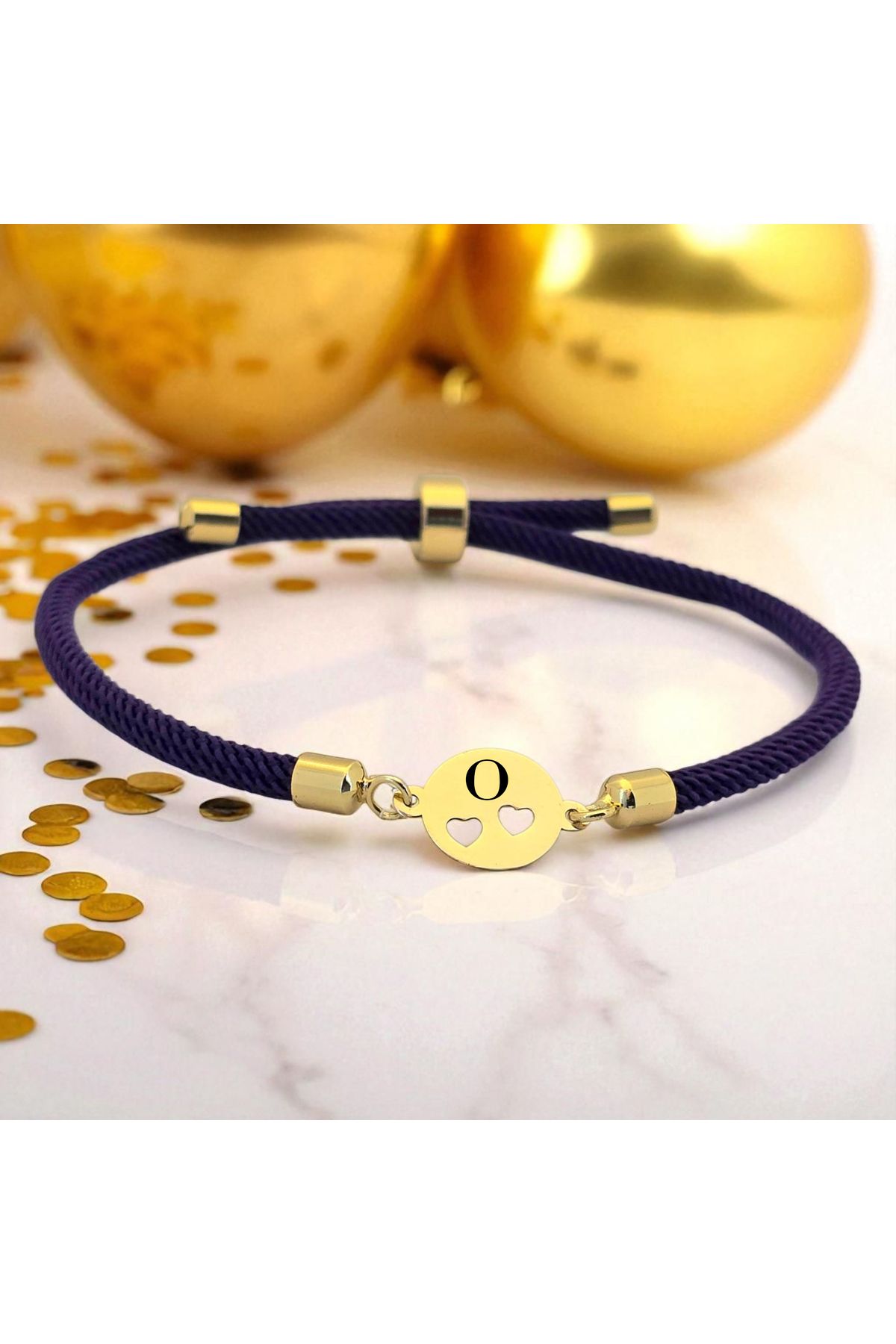 ARCHINO GOLD O Harfine Özel 14 Ayar Altın Plakalı Mor İpek Örgülü Kalpli Oval Motifli Hediye Bileklik-518harf