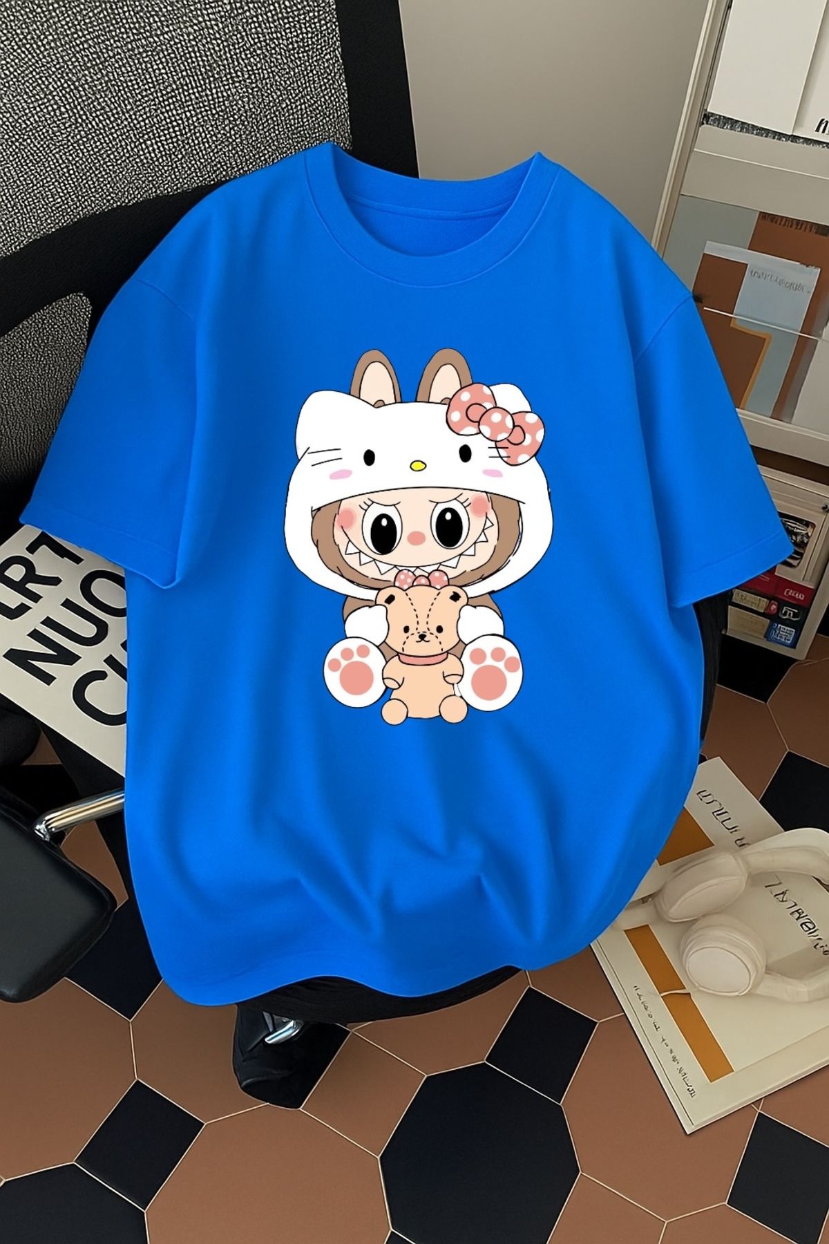 SOHR Unisex Erkek/Kadın Kitty Labubu Renkli Baskılı Oversize Pamuklu T-Shirt