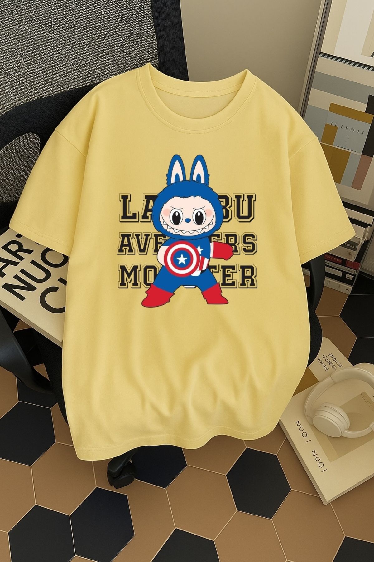 SOHR Unisex Erkek/Kadın Kaptan Amerika Labubu Renkli Baskılı Oversize Pamuklu T-Shirt