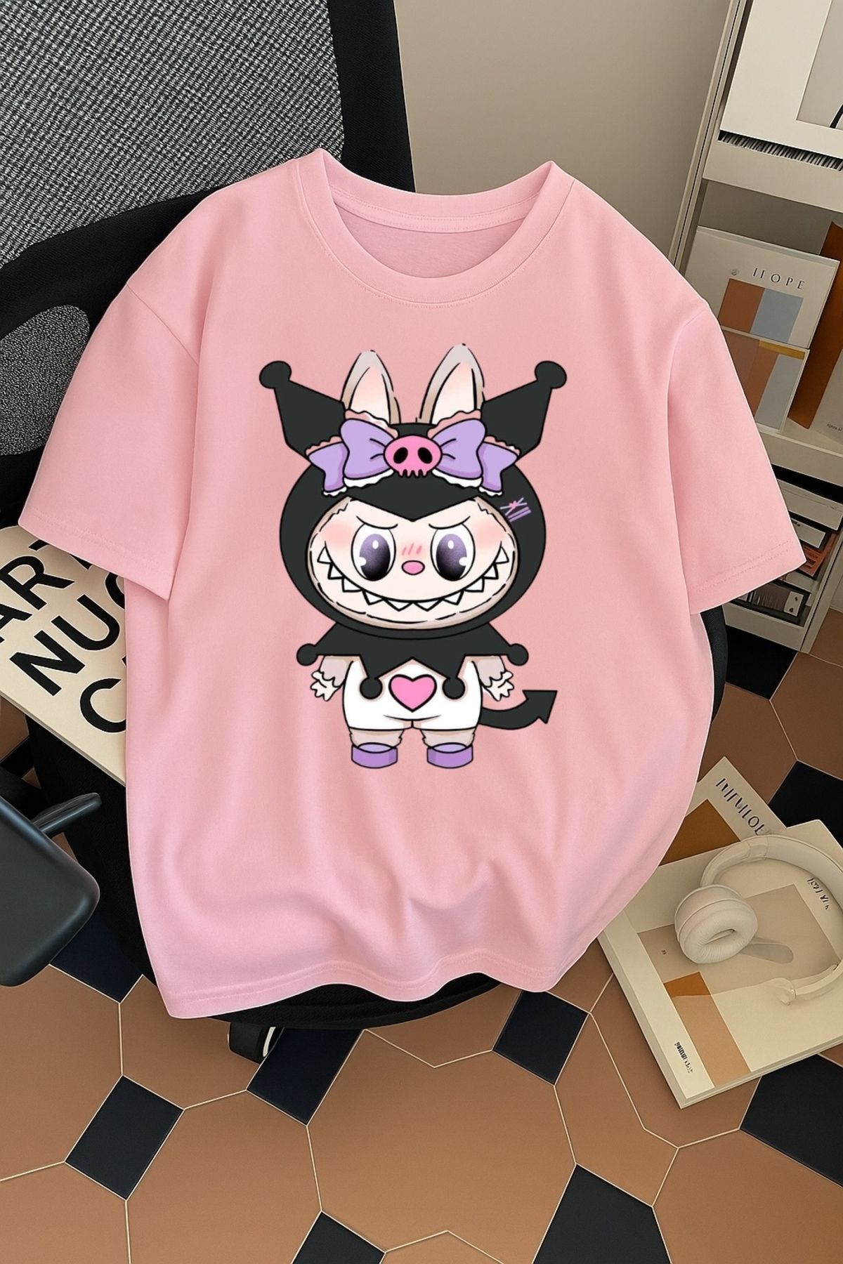 SOHR Unisex Erkek/Kadın Kuromi Labubu Renkli Baskılı Oversize Pamuklu T-Shirt