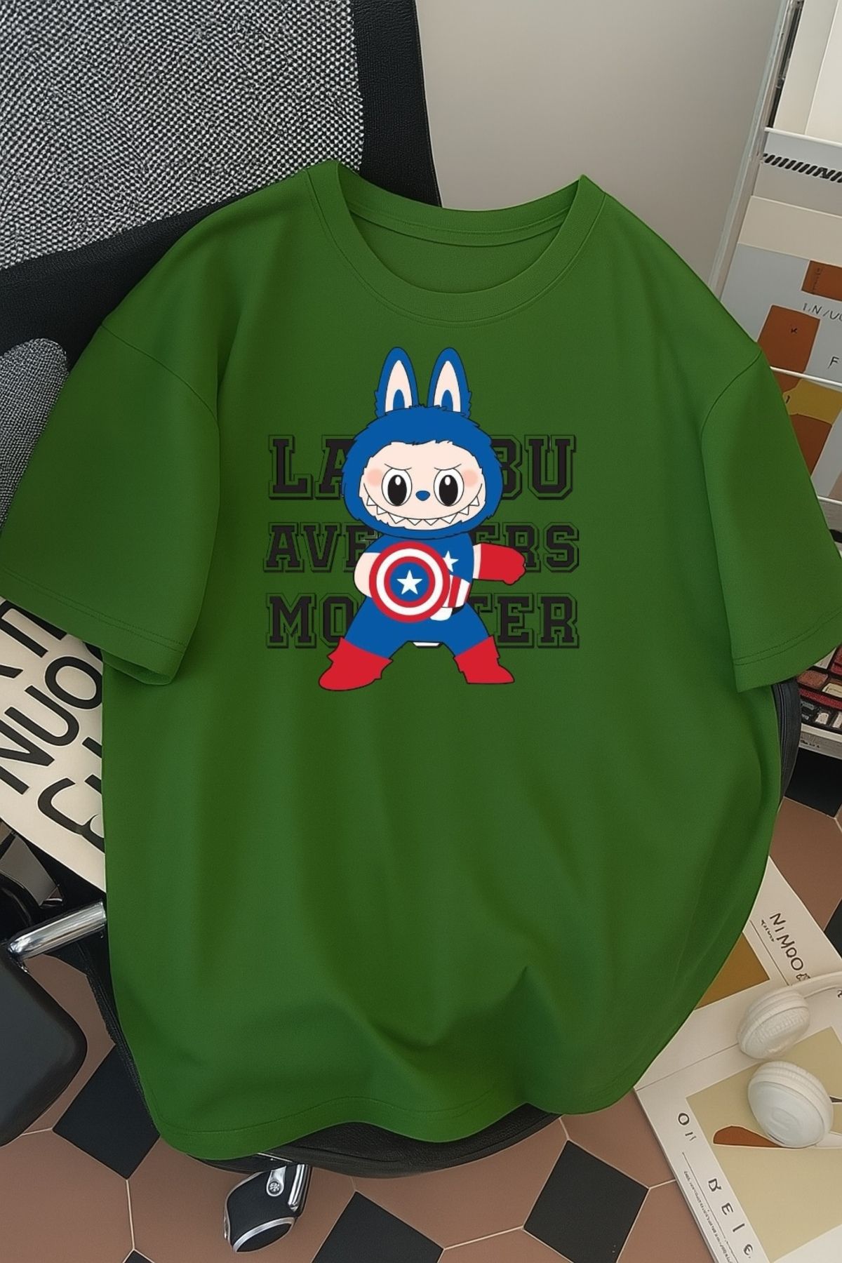 SOHR Unisex Erkek/Kadın Kaptan Amerika Labubu Renkli Baskılı Oversize Pamuklu T-Shirt