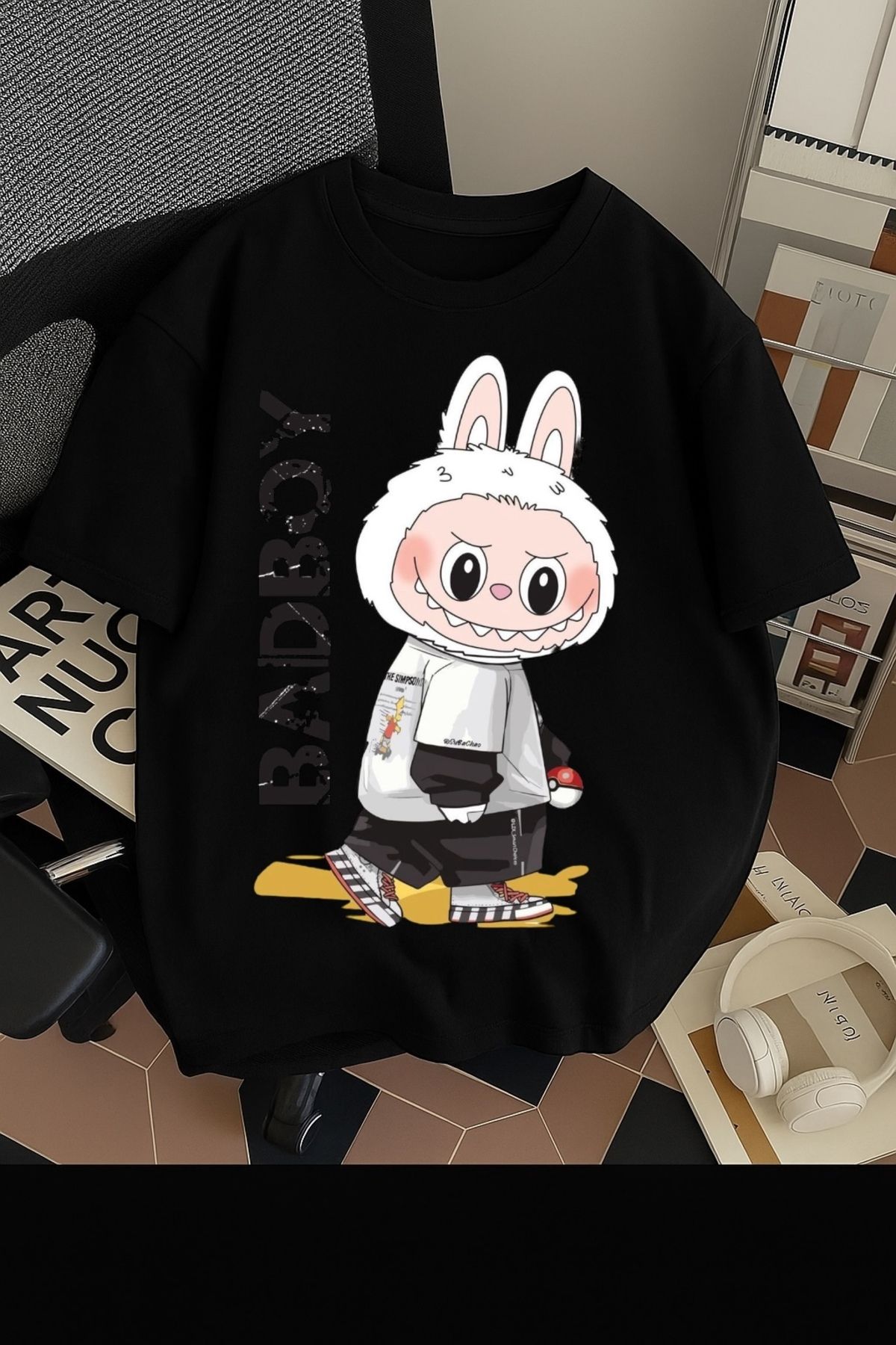 SOHR Unisex Erkek/Kadın Labubu BadBoy Renkli Baskılı Oversize Pamuklu T-Shirt