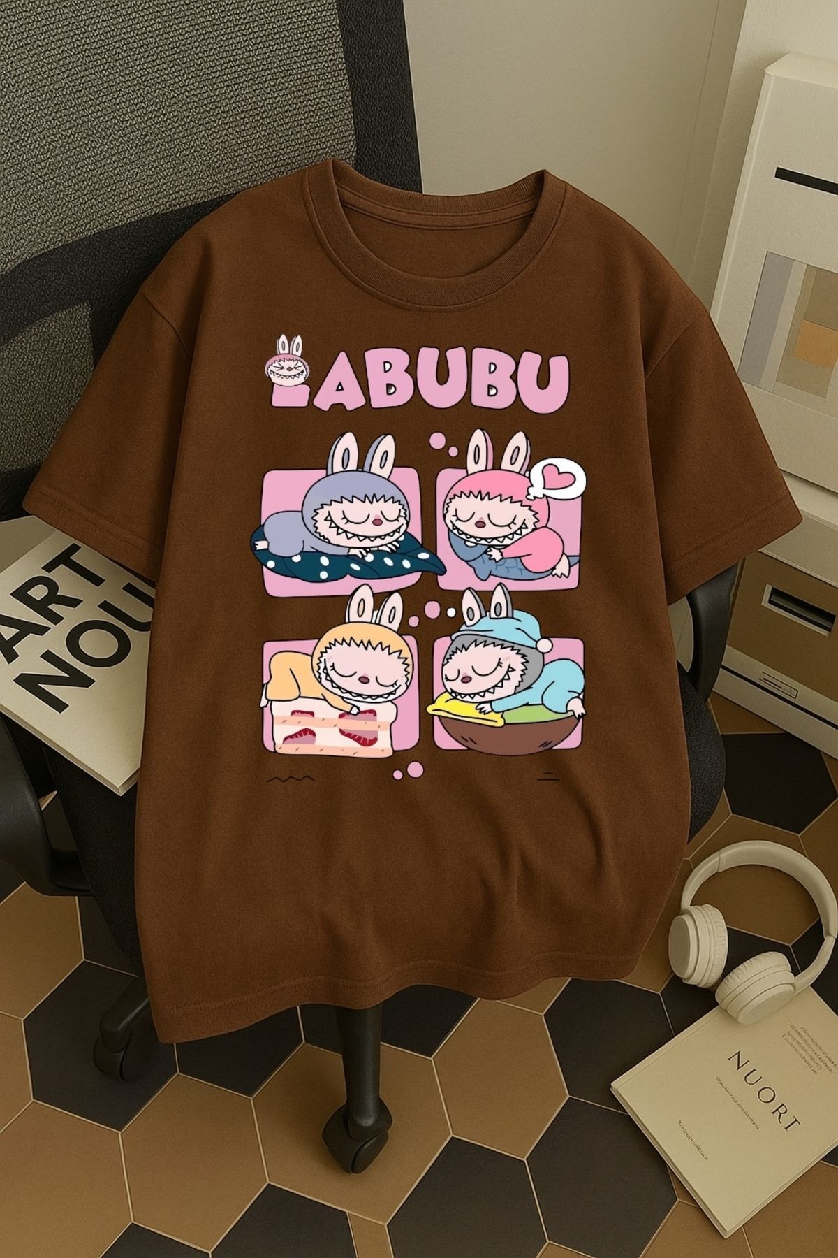 SOHR Unisex Erkek/Kadın Labubu Dörtlü Renkli Baskılı Oversize Pamuklu T-Shirt