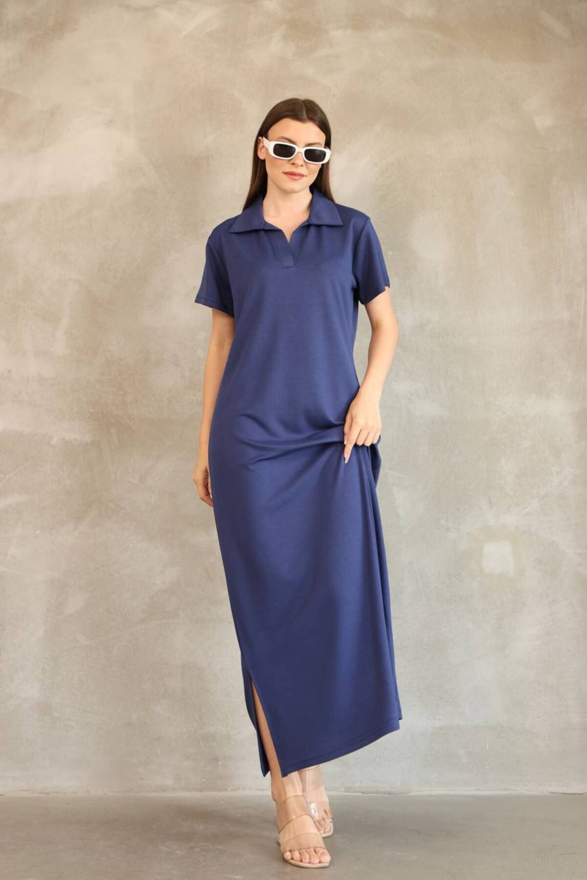 BUTİK1AVM Kadın Basic Polo Yaka Yırtmaçlı Elbise Siyah Pembe Bordo ve Lacivert Renklerde