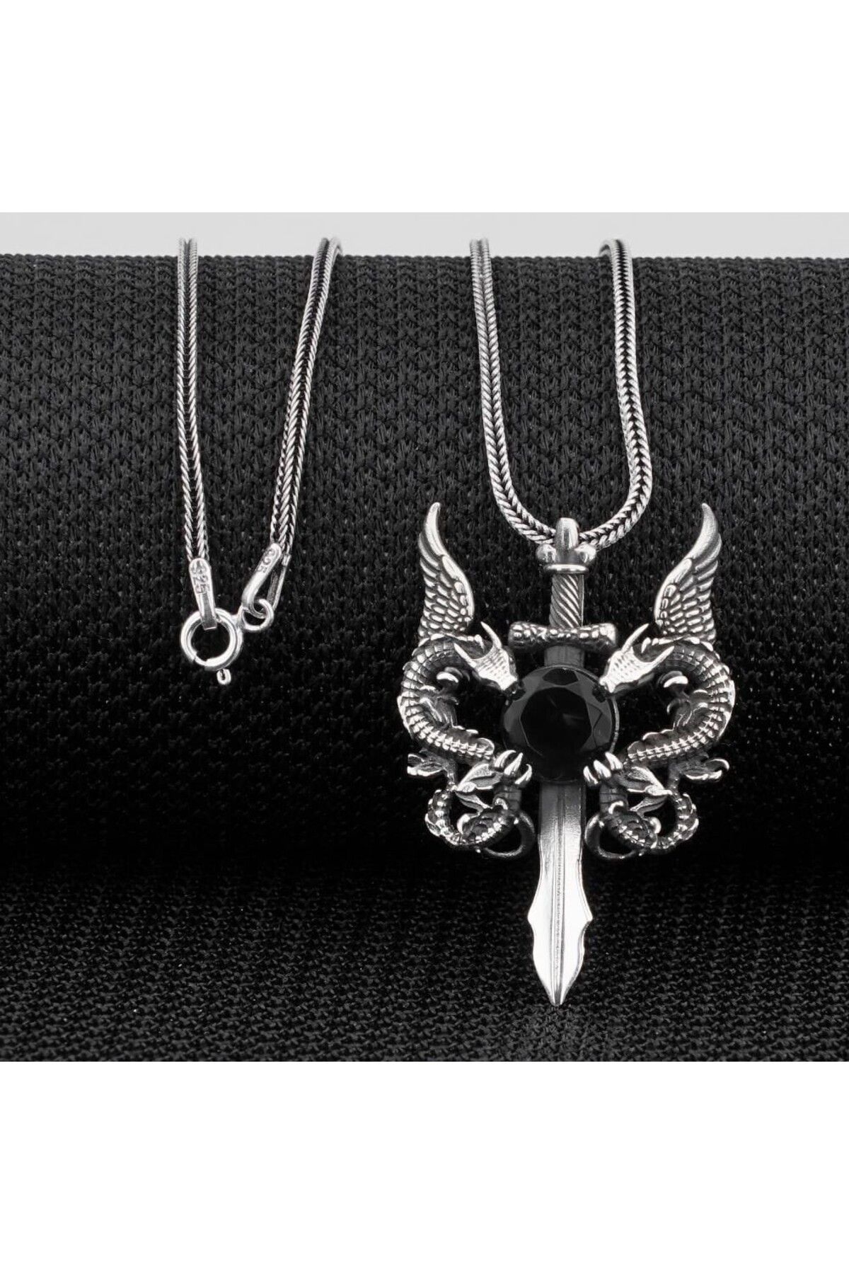 shop Ejderha Tasarımlı Kırmızı Zirkon Taşlı 925 Ayar Gümüş Erkek Kolye