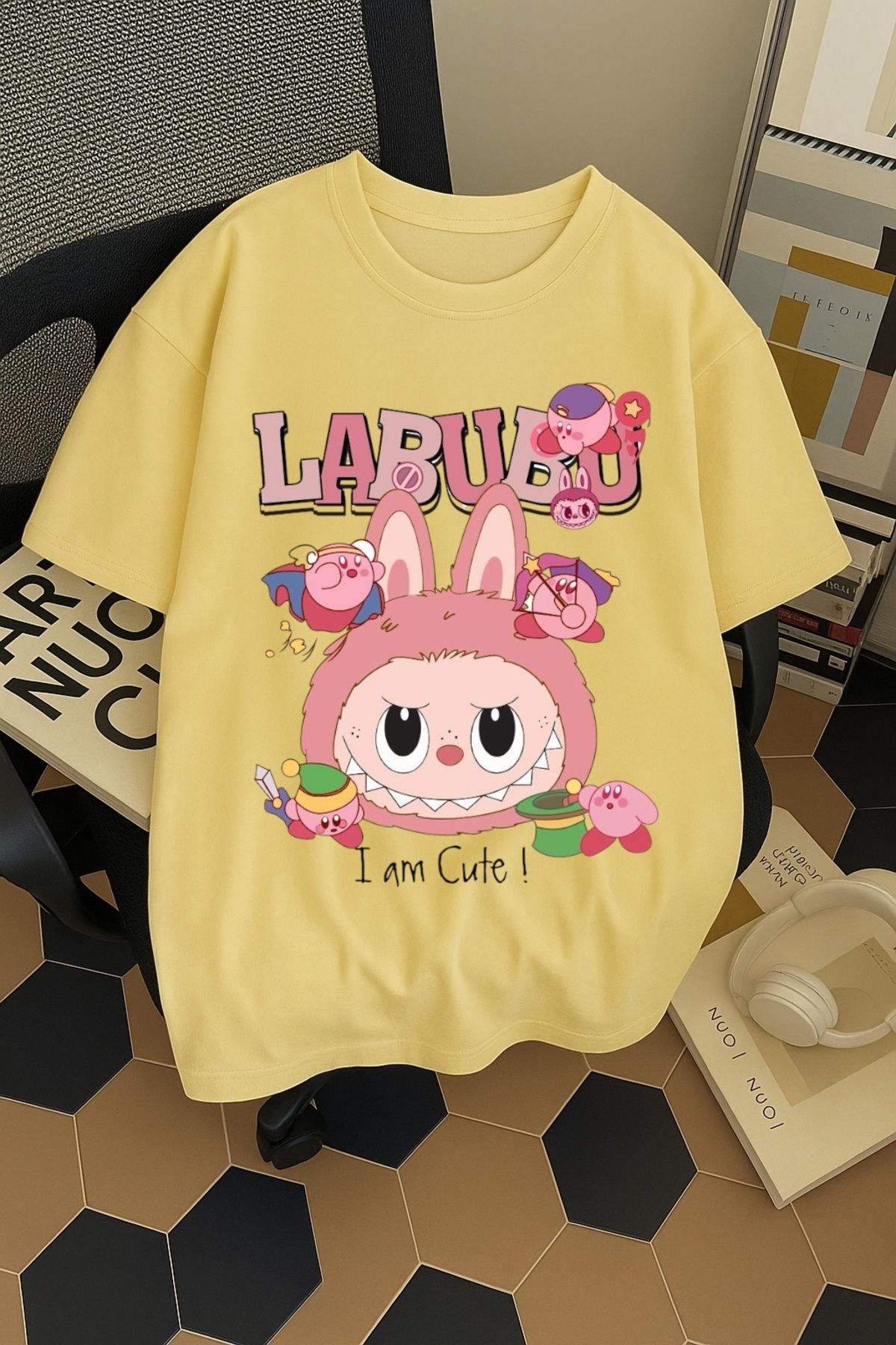SOHR Unisex Erkek/Kadın Labubu Im Cute Renkli Baskılı Oversize Pamuklu T-Shirt