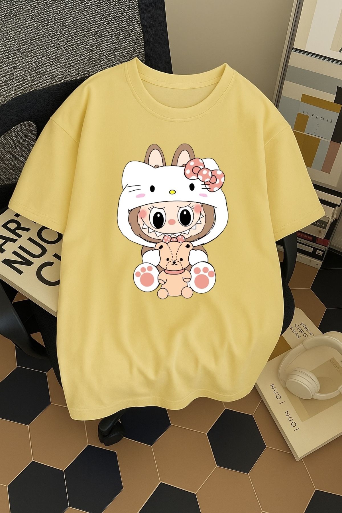 SOHR Unisex Erkek/Kadın Kitty Labubu Renkli Baskılı Oversize Pamuklu T-Shirt
