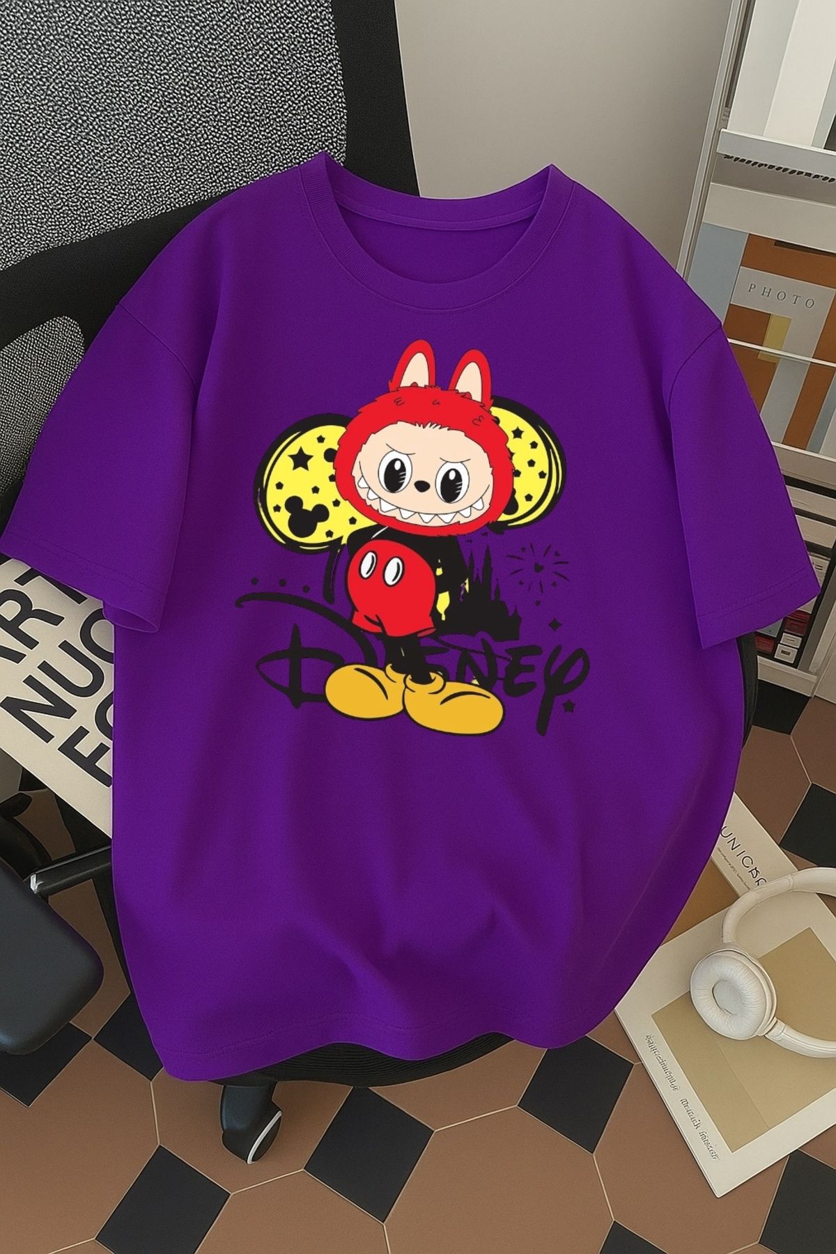 SOHR Unisex Erkek/Kadın Mickey Labubu Renkli Baskılı Oversize Pamuklu T-Shirt