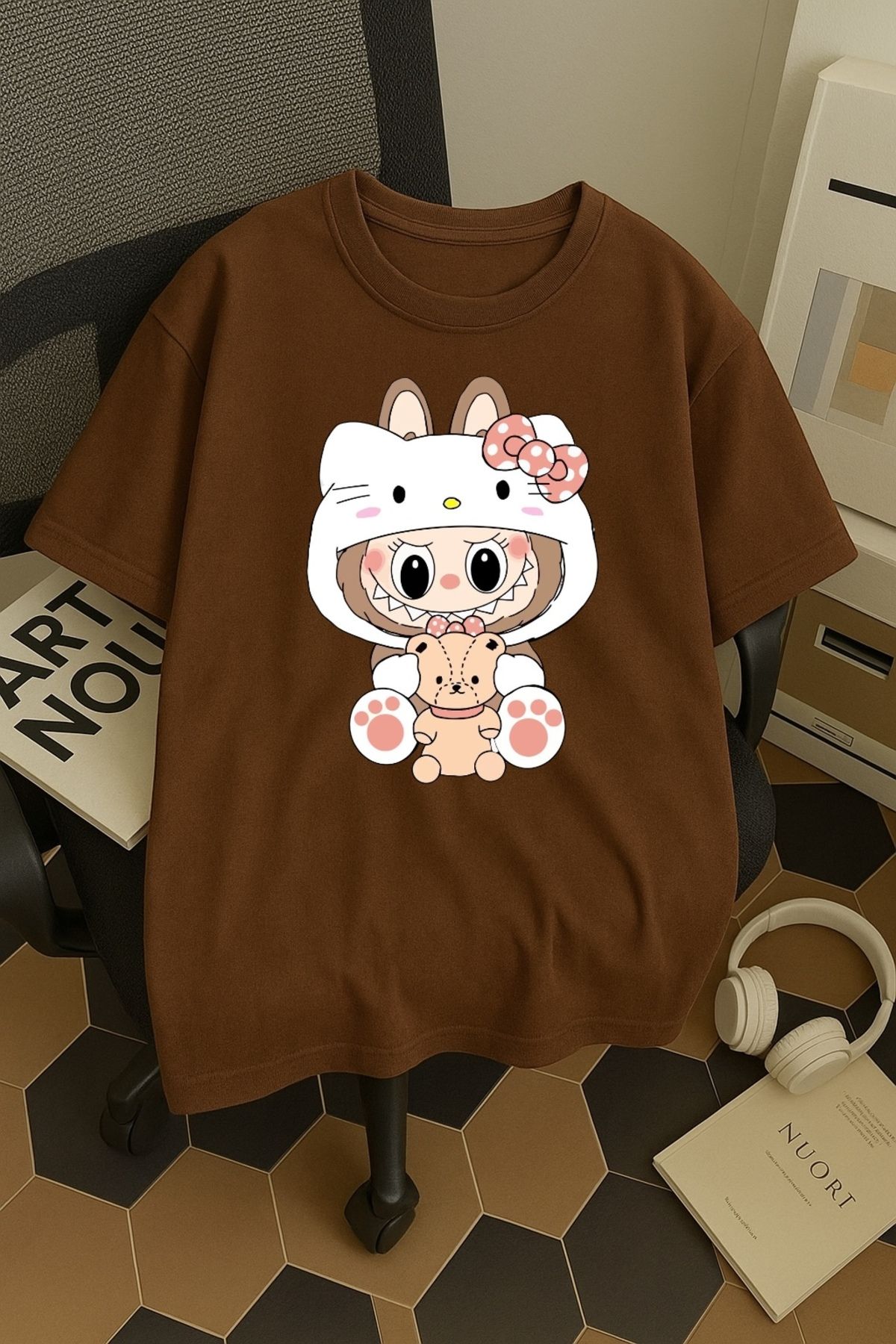 SOHR Unisex Erkek/Kadın Kitty Labubu Renkli Baskılı Oversize Pamuklu T-Shirt