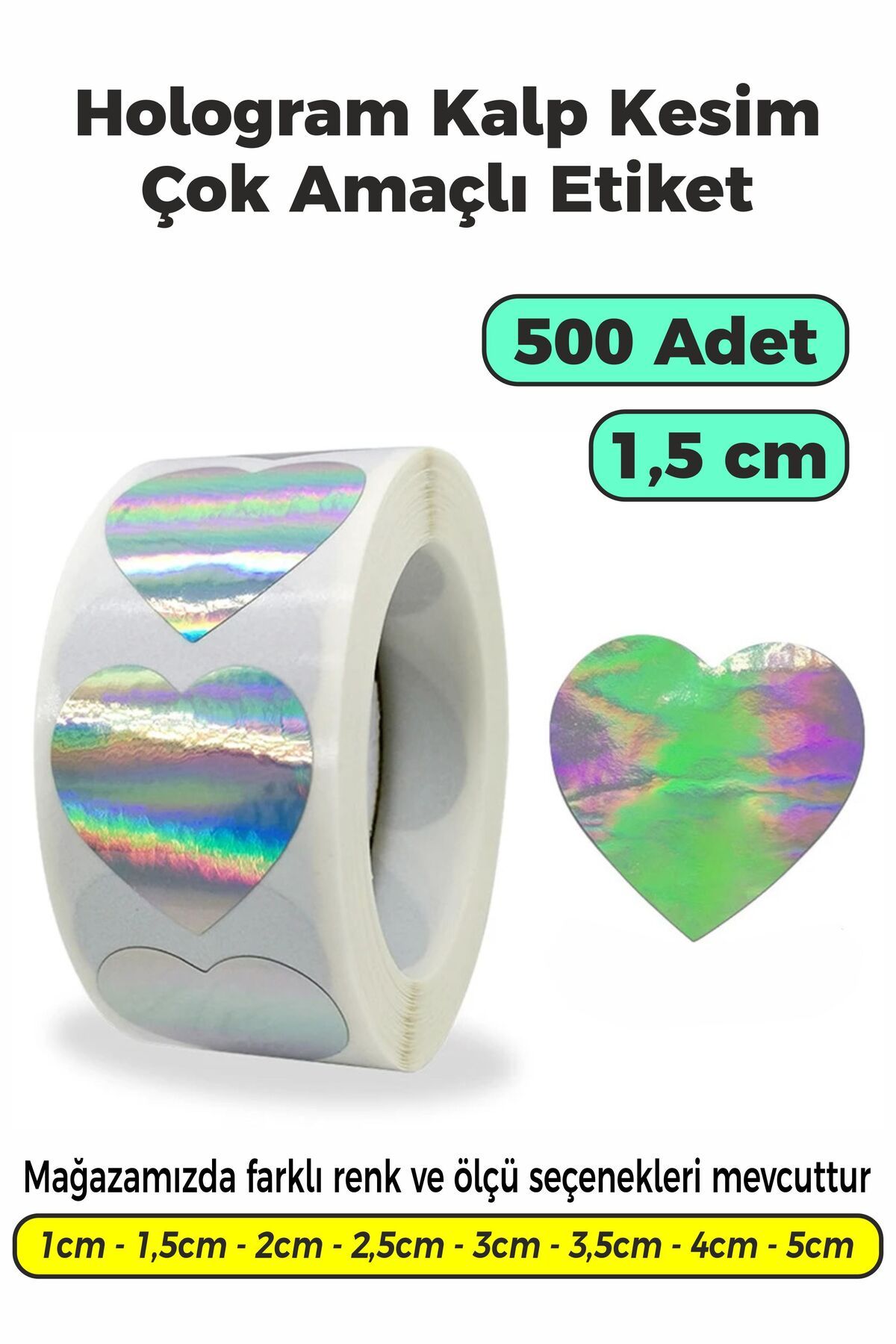 SB store Hologram Renk Kalp Kesim Çok Amaçlı Etiket 1,5cm 500 Adet