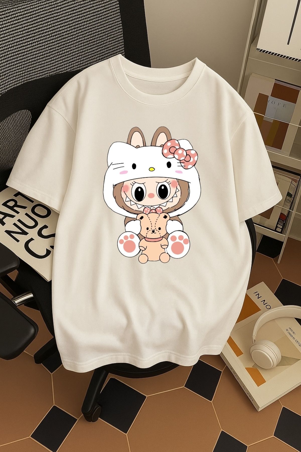 SOHR Unisex Erkek/Kadın Kitty Labubu Renkli Baskılı Oversize Pamuklu T-Shirt