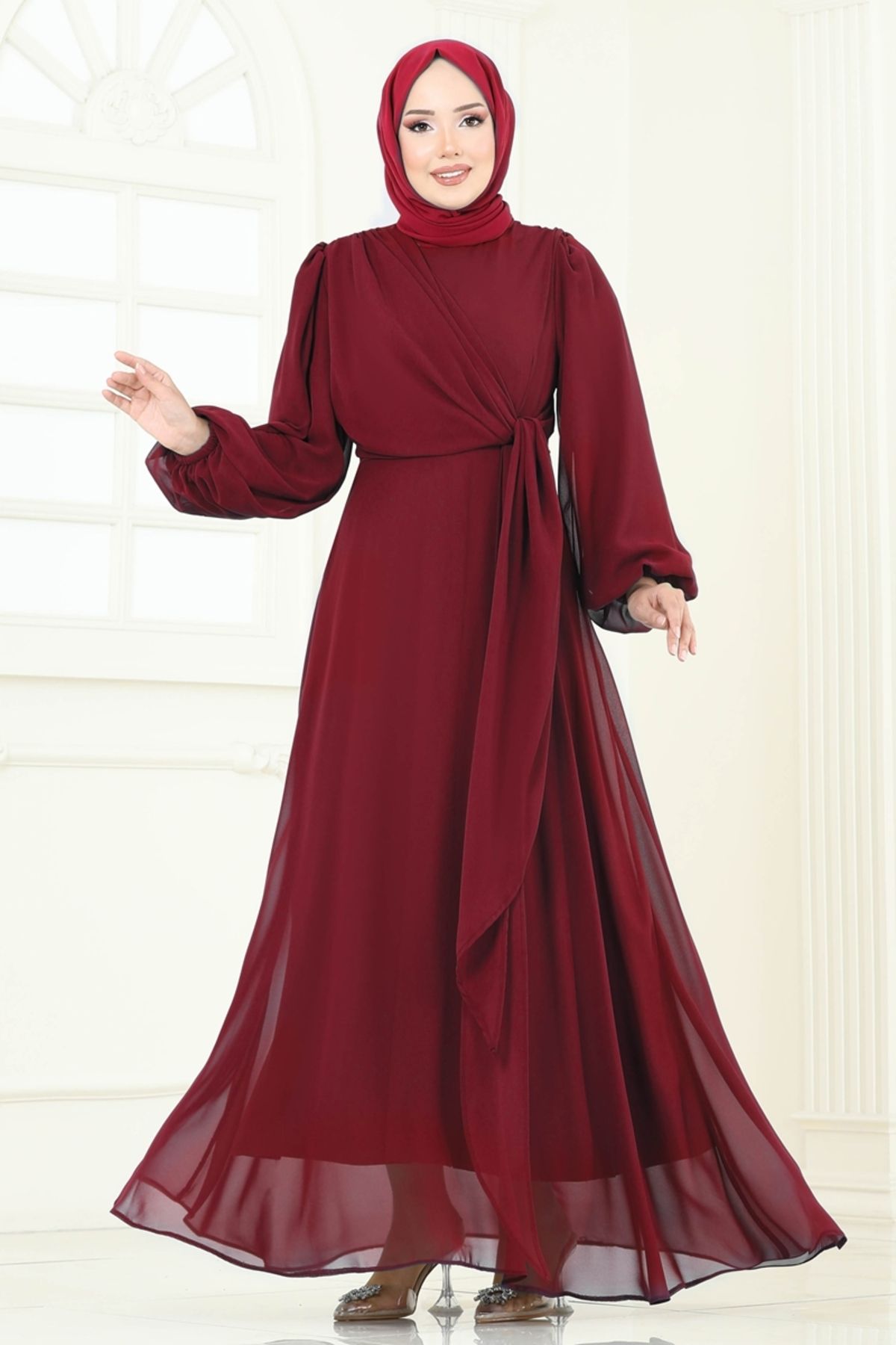 Modaselvim Yandan Bağcıklı Abiye Elbise 6226BSK463 Bordo