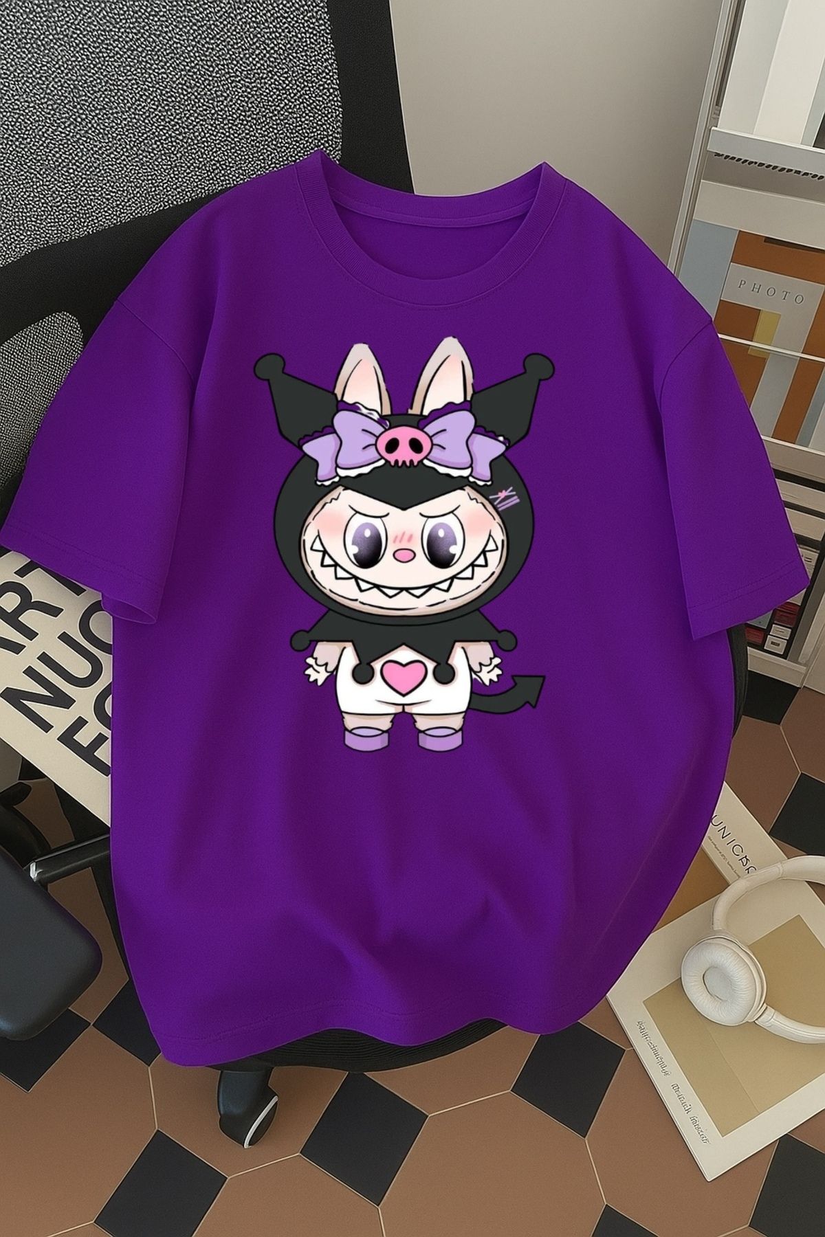SOHR Unisex Erkek/Kadın Kuromi Labubu Renkli Baskılı Oversize Pamuklu T-Shirt