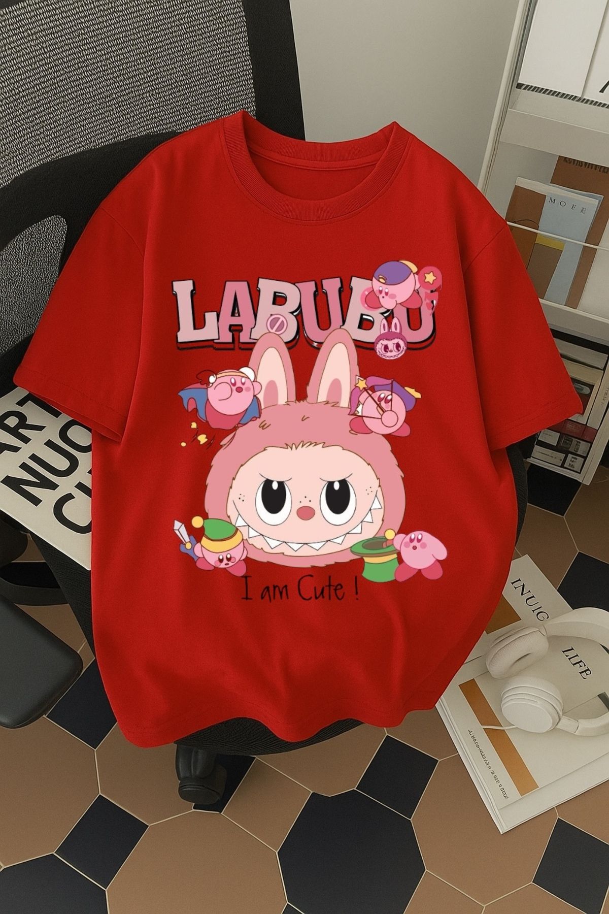 SOHR Unisex Erkek/Kadın Labubu Im Cute Renkli Baskılı Oversize Pamuklu T-Shirt