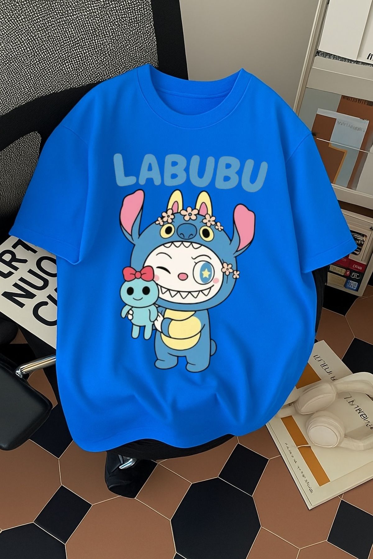 SOHR Unisex Erkek/Kadın Labubu Stitch Renkli Baskılı Oversize Pamuklu T-Shirt