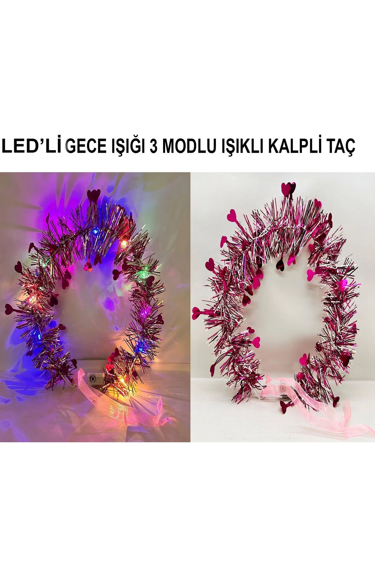 TTT Kalp Püsküllü 3 Modlu LED Işıklı Taç Fuşya Renk