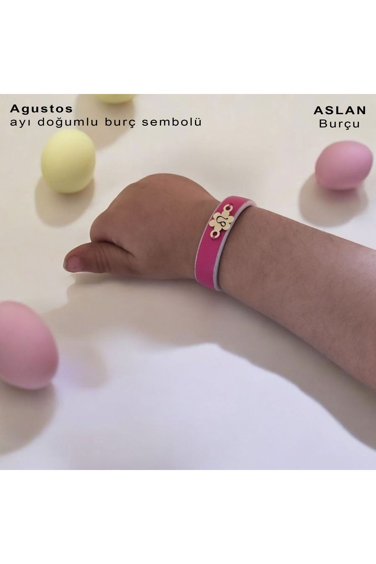 ARCHINO GOLD Ağustos Ayı Doğumlarına 14 Ayar Altın Plakalı Doğal Pembe Derili Çiçek Motifli Hediye Bileklik-383ay