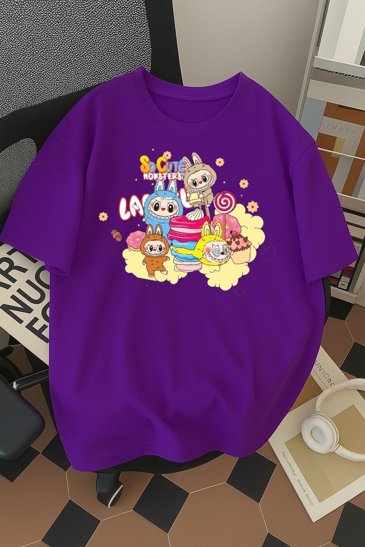 SOHR Unisex Erkek/Kadın Labubu So Cute Renkli Baskılı Oversize Pamuklu T-Shirt