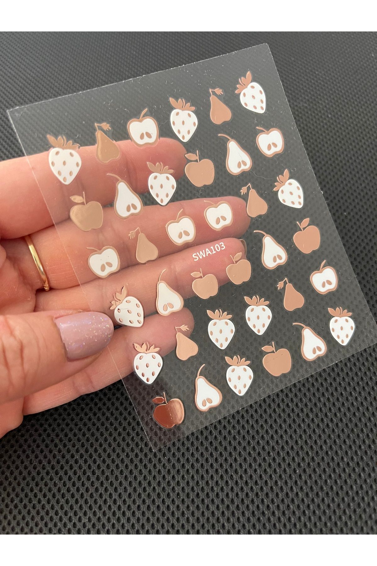 zeinapp Kendinden Yapışkanlı Rose Varaklı Elma Çilek Armut Meyve Figürlü Simli Tırnak Sticker Nail Sticker