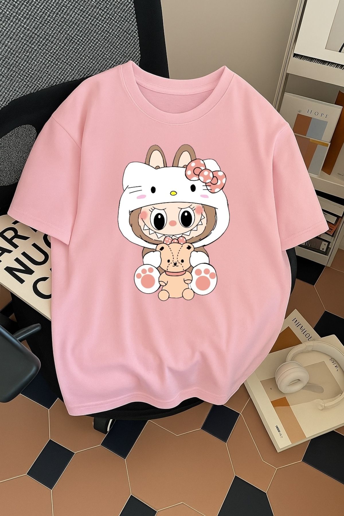 SOHR Unisex Erkek/Kadın Kitty Labubu Renkli Baskılı Oversize Pamuklu T-Shirt