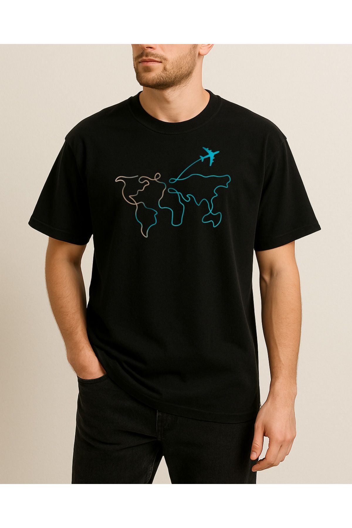 Ebiidesign Dünya Haritası ve Uçak Baskılı Tasarımlı T-Shirt