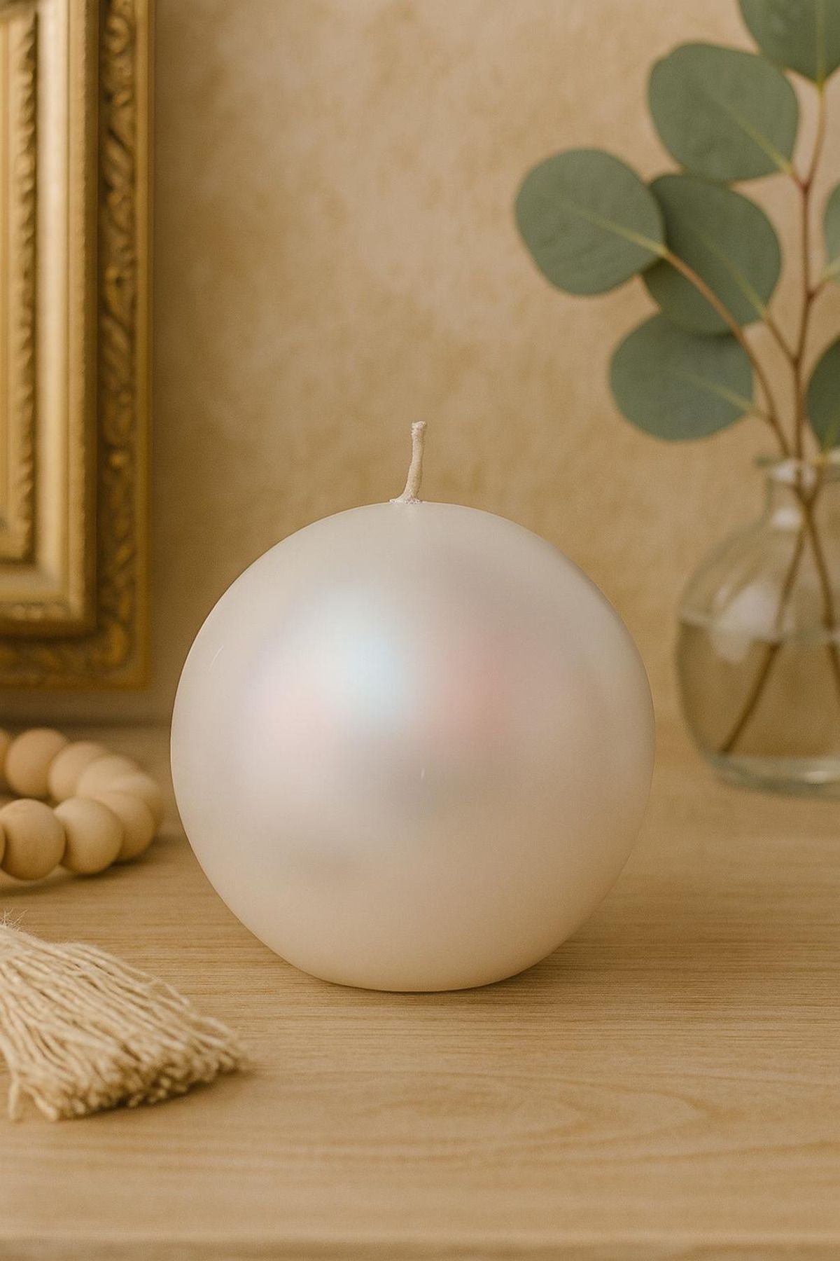 VINTAGE CANDLES Yuvarlak Formlu Parlak Beyaz İnci Görünümlü Mum