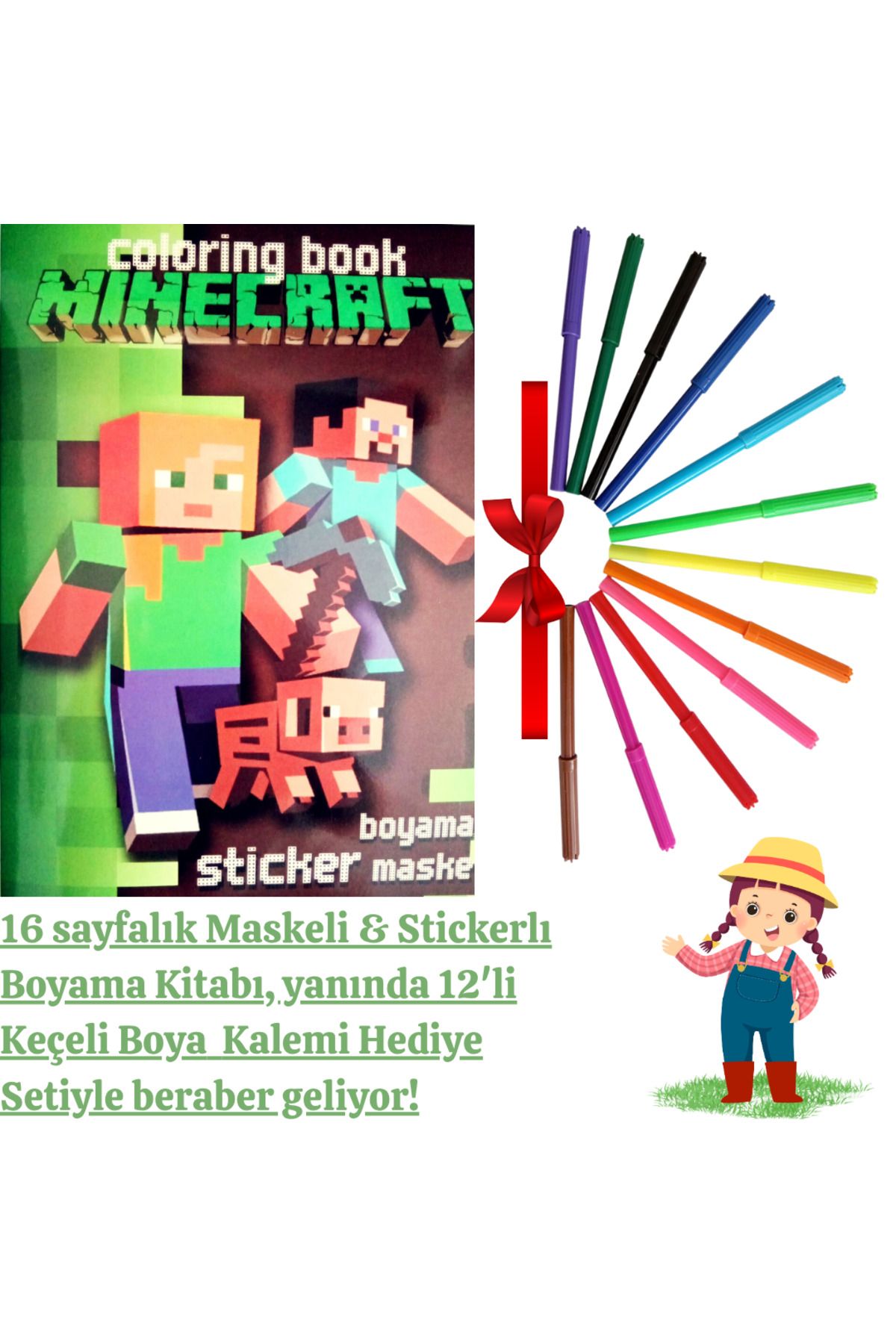 booddie Mınecraft Boyama Kitabı Stickerlı (arka Kapak Kesilerek Maskeli ) 12'li Keçeli Boya Seti