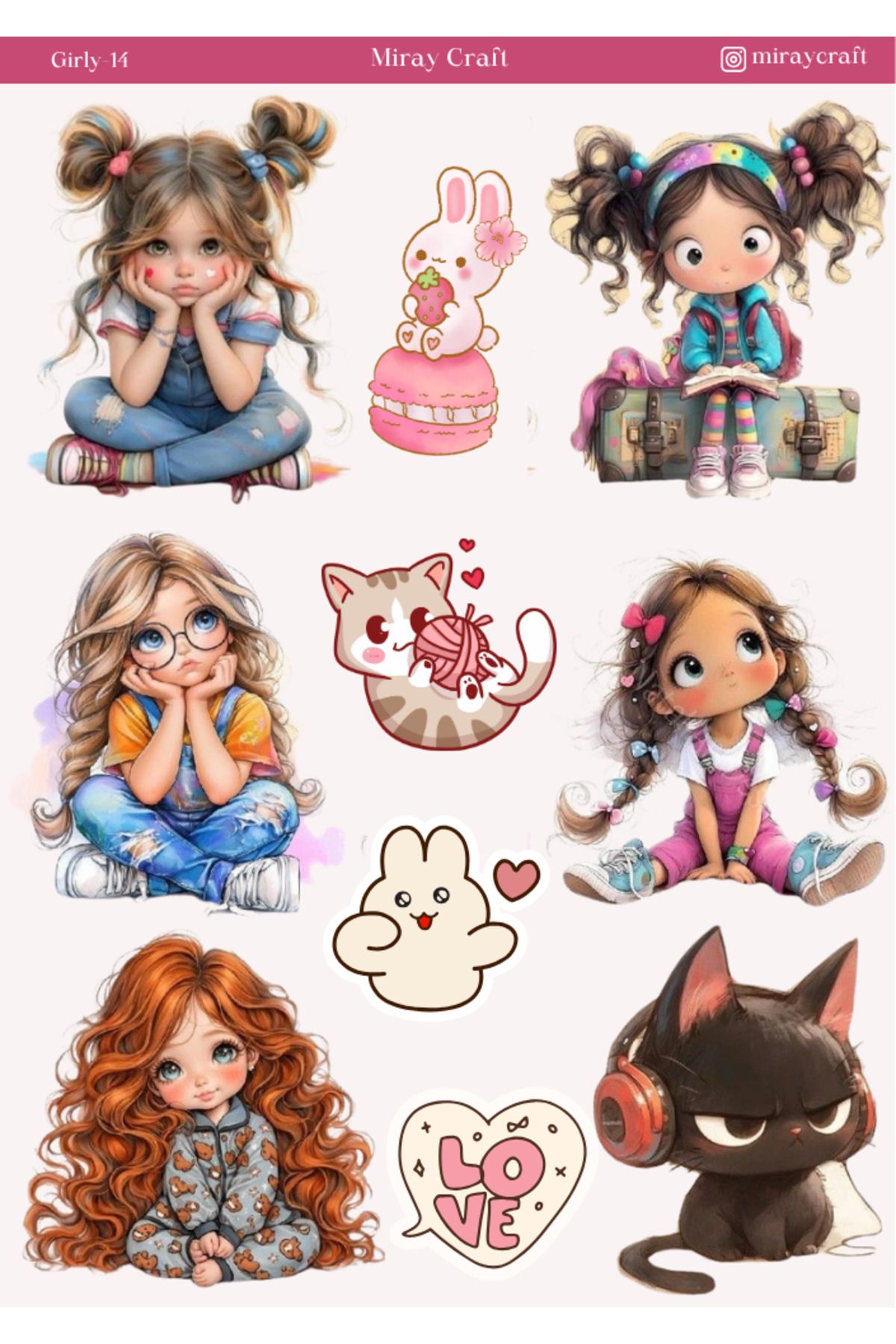 MirayDesign 1 Adet Girl Temalı Anime İllüstrasyon Sticker (12x17 cm) Bullet Journal, Scrapbook, Ajanda İçin