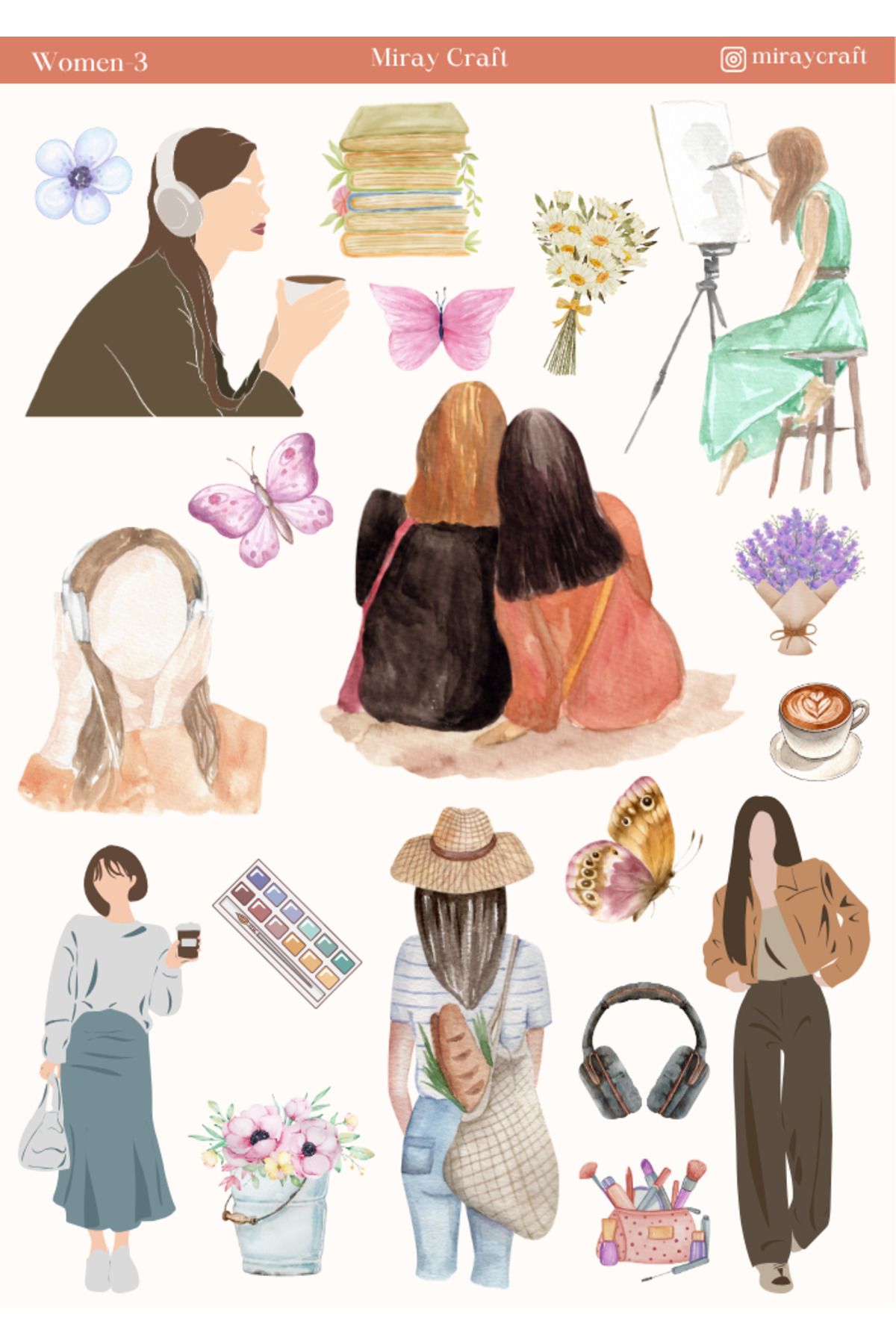 MirayDesign 1 Adet Woman Temalı Sticker – 12x17 cm Scrapbook, Bullet Journal, Planlayıcı İçin