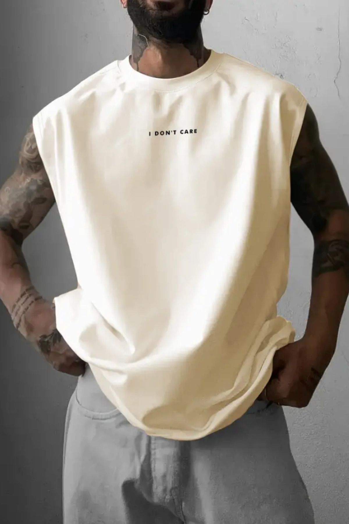 BLUE STREET I Don't Care Baskılı Kırık Beyaz Kolsuz Atlet tshirt Erkek Sıfır Kol Oversize T-SHİRT