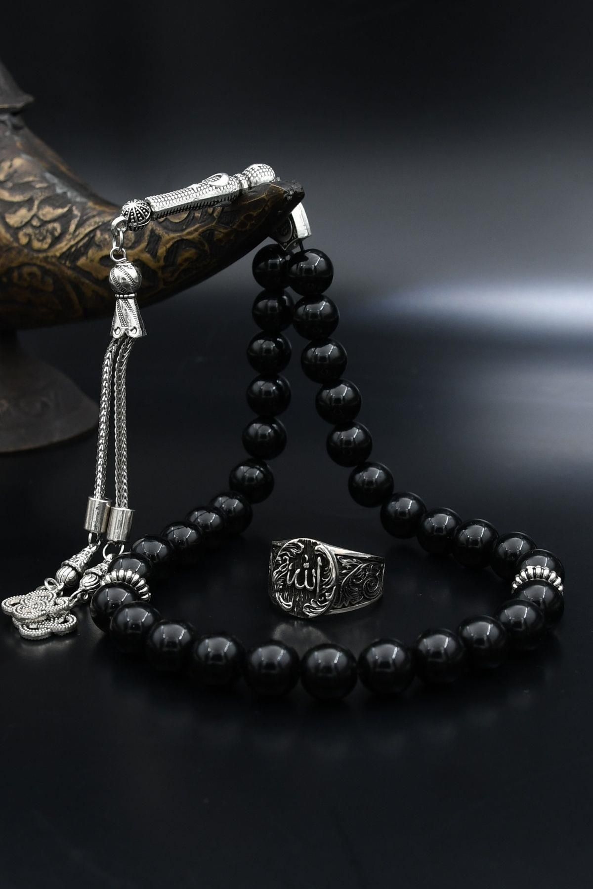Prestige Doğal Oniks Taşlı Tesbih Ve 925 Ayar Gümüş Yüzük Allah Yazlı 901957