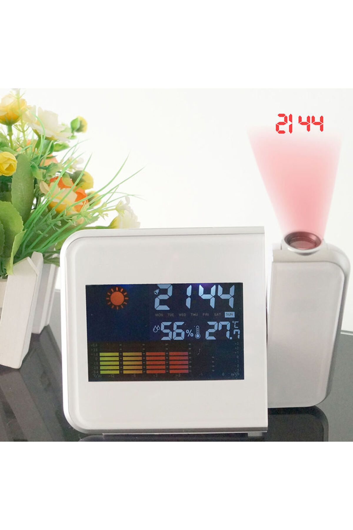 JEWELORA-Digital weather station with clock, calendar, laser projector, 3.7" LCD display, White - White 7