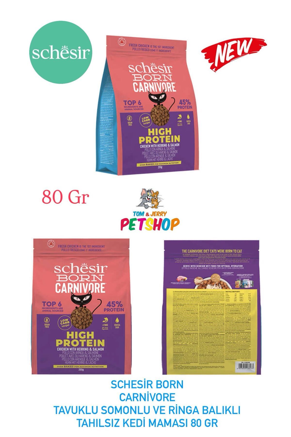 Schesir TOM&JERRYPETSHOP- Schesir Born Carnivore Tavuklu Somonlu Ve Ringa Balıklı Yetişkin Maması 80 Gr