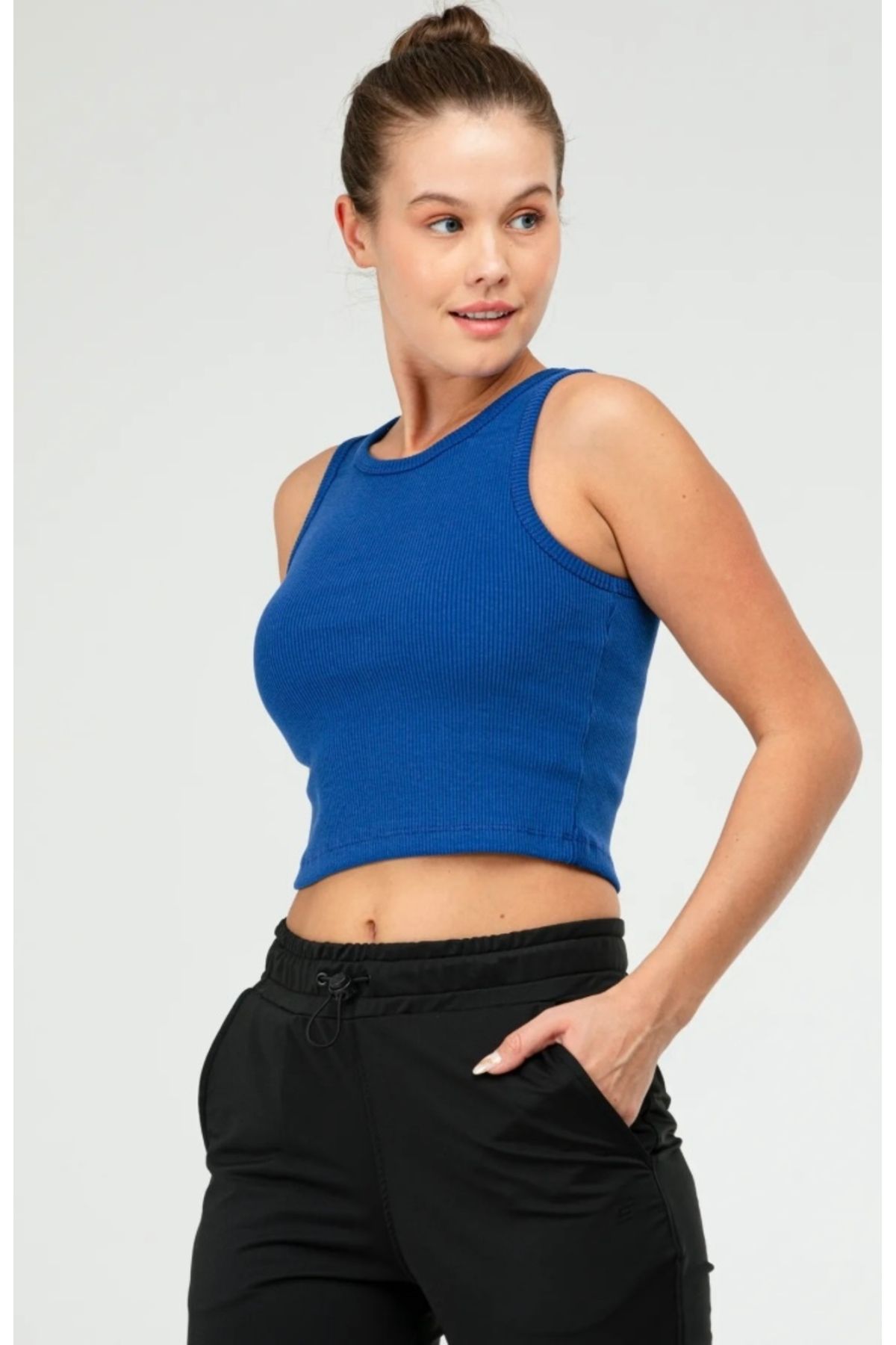 SADE Kadın crop mavi esnek fitilli halter yaka atlet