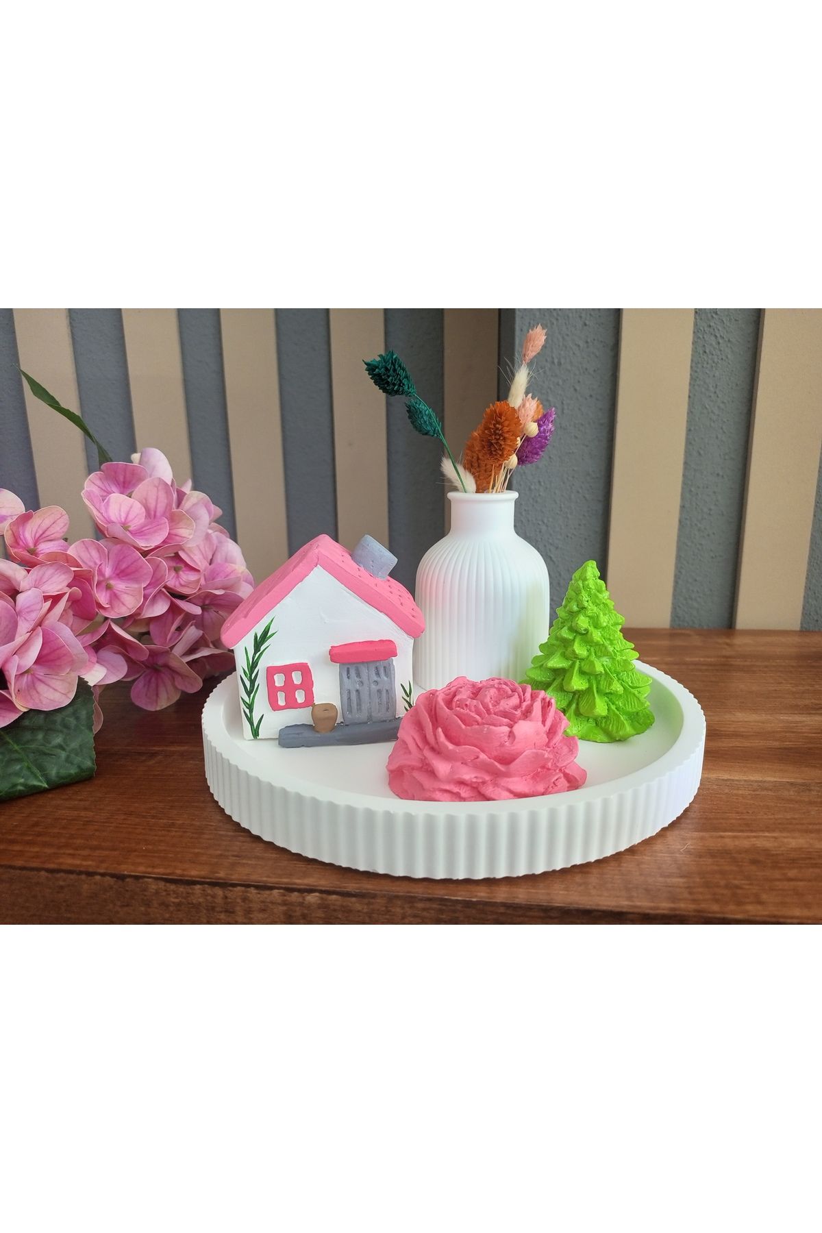 Home Dekoratif Çam Ağaci Biblo Ev Dekoratif Gül Vazo Sunum Tabağı Set