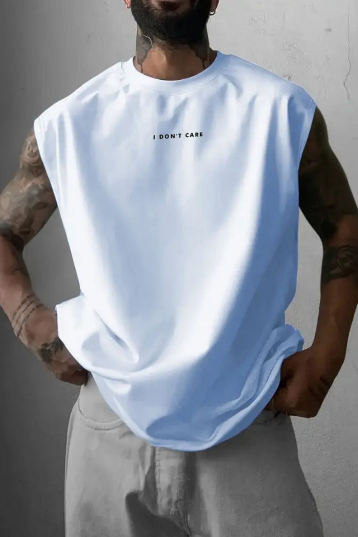 BLUE STREET I Don't Care Baskılı Bebe Mavi Kolsuz Atlet tshirt Erkek Sıfır Kol Oversize T-SHİRT